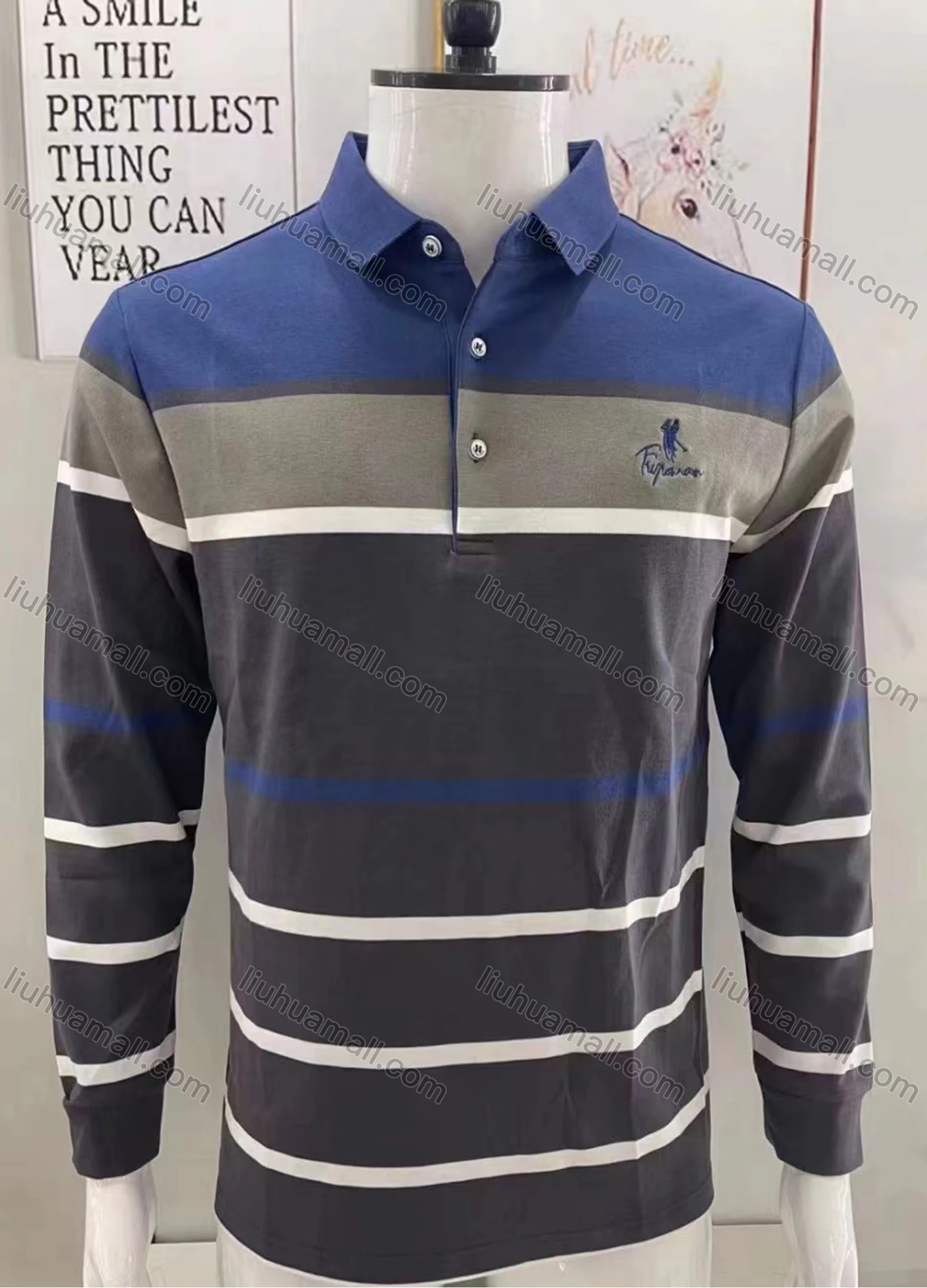 Wholesale Men's Casual Striped Colorblock Long Sleeve Polo Shirt - Liuhuamall
