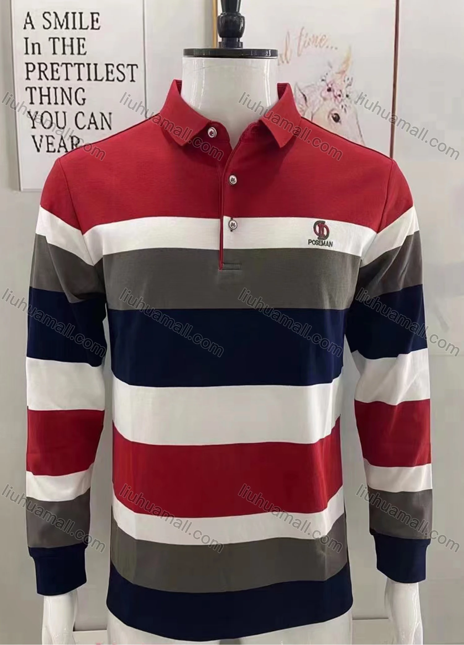 Wholesale Men's Casual Striped Colorblock Long Sleeve Polo Shirt - Liuhuamall