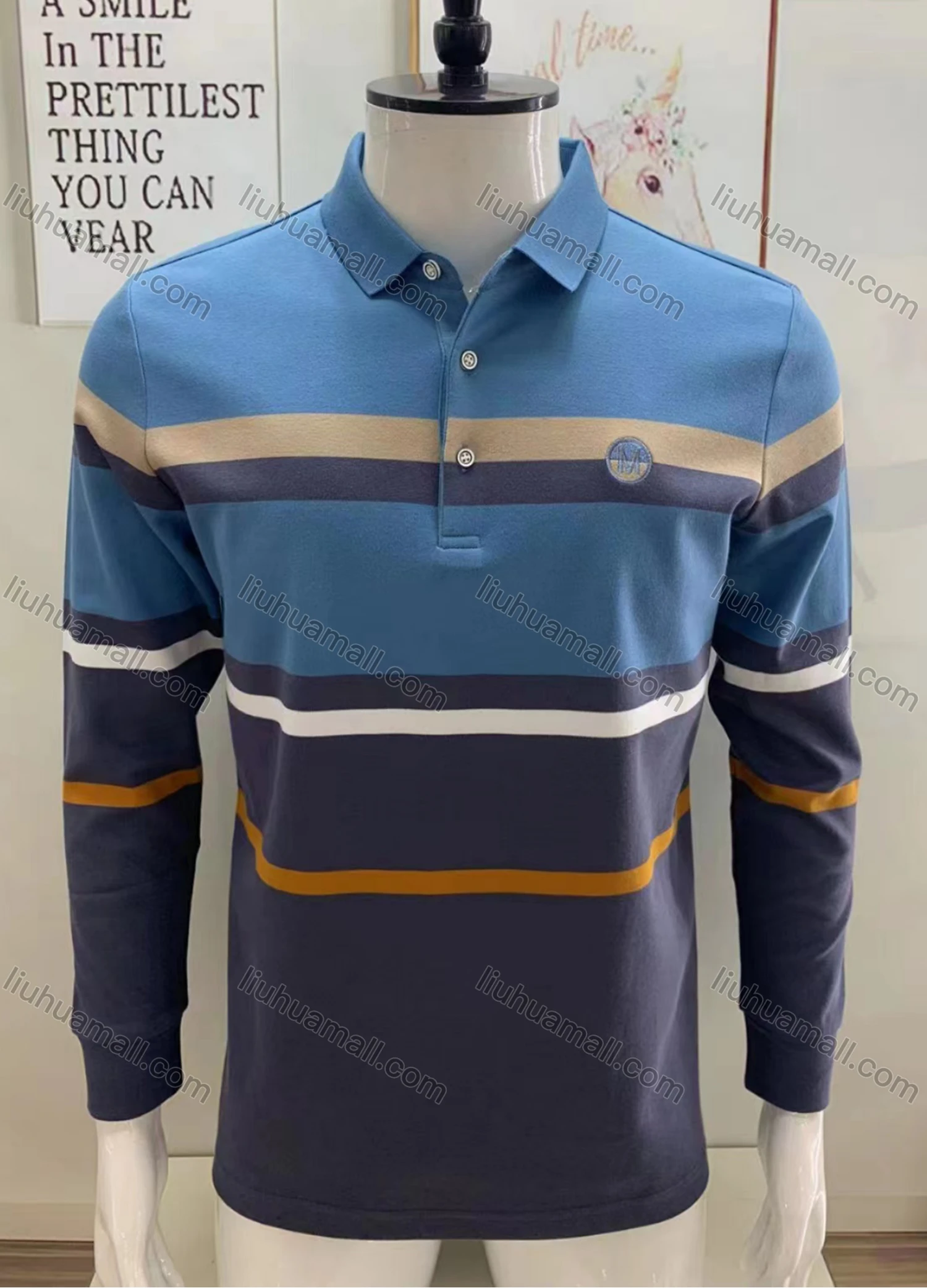 Wholesale Men's Casual Striped Colorblock Long Sleeve Polo Shirt - Liuhuamall