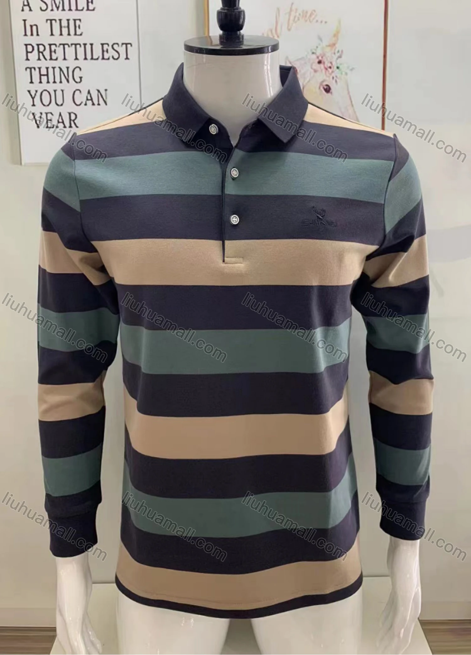 Wholesale Men's Casual Striped Colorblock Long Sleeve Polo Shirt - Liuhuamall