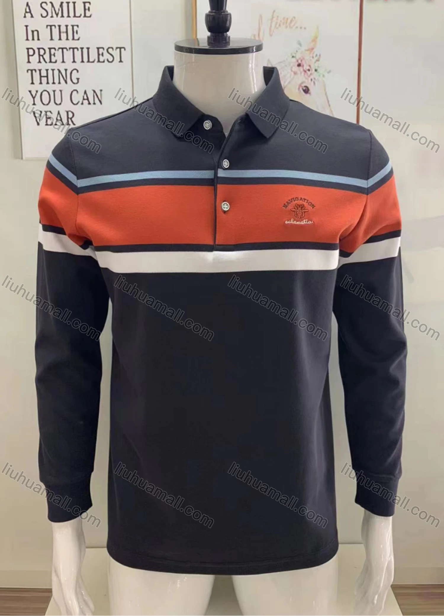 Wholesale Men's Casual Striped Colorblock Long Sleeve Polo Shirt - Liuhuamall