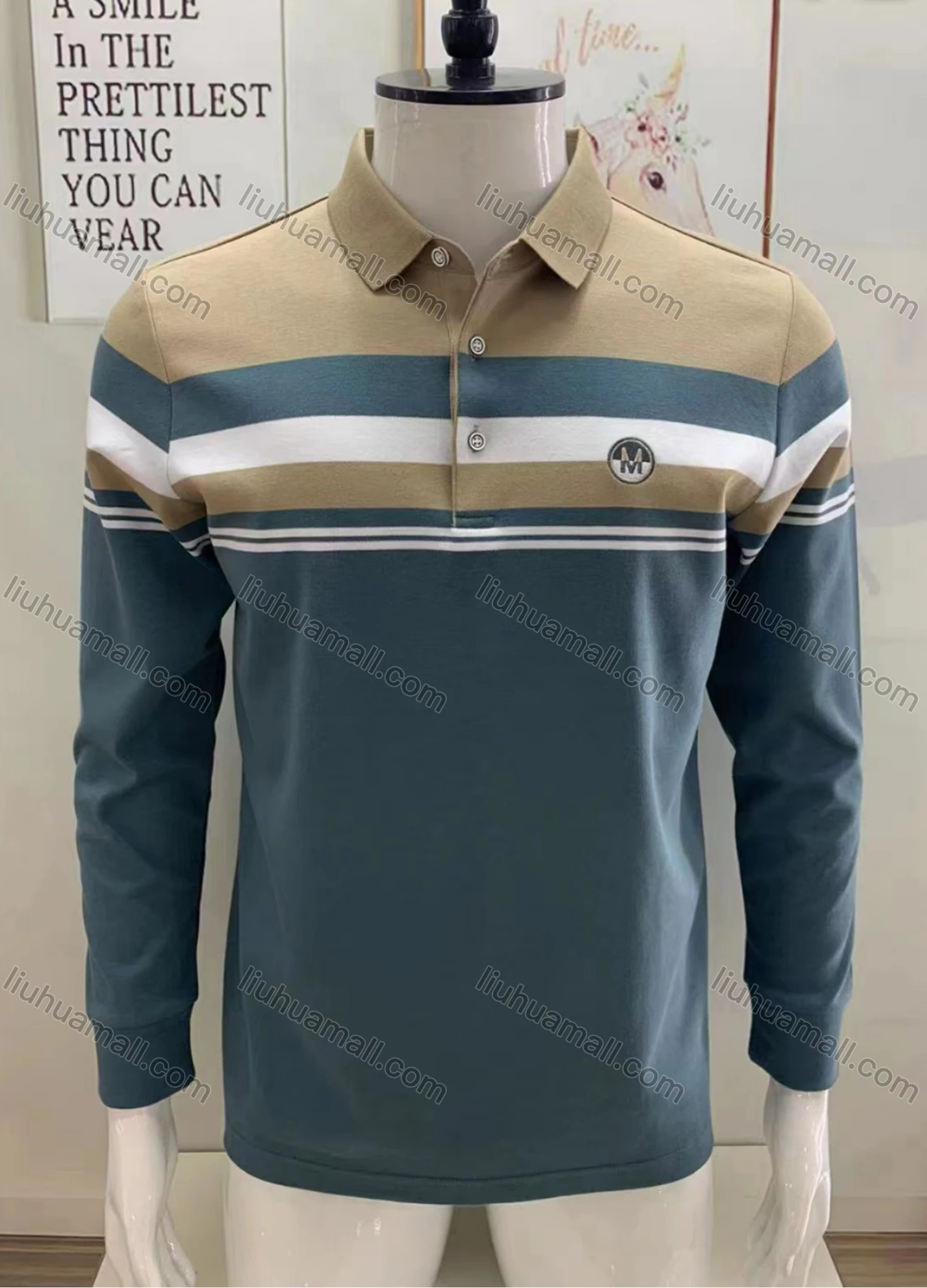 Wholesale Men's Casual Striped Colorblock Long Sleeve Polo Shirt - Liuhuamall