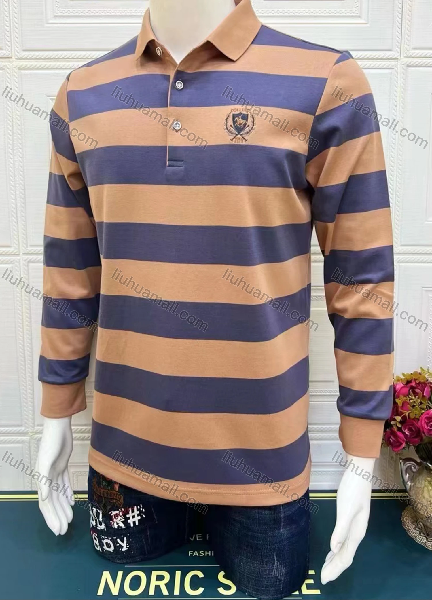 Wholesale Men's Casual Striped Long Sleeve Polo Shirt - Liuhuamall