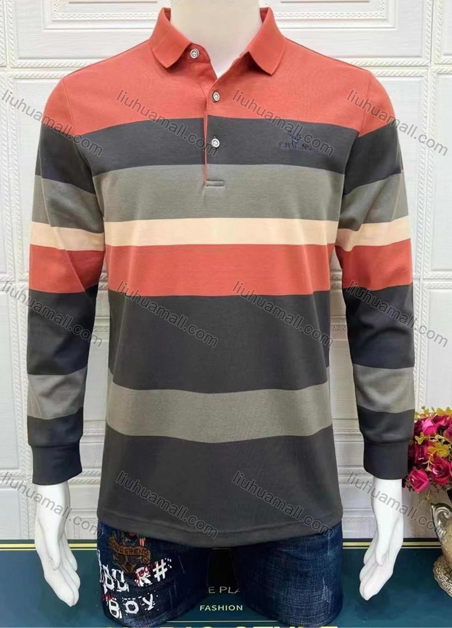 Wholesale Men's Casual Striped Colorblock Long Sleeve Polo Shirt - Liuhuamall