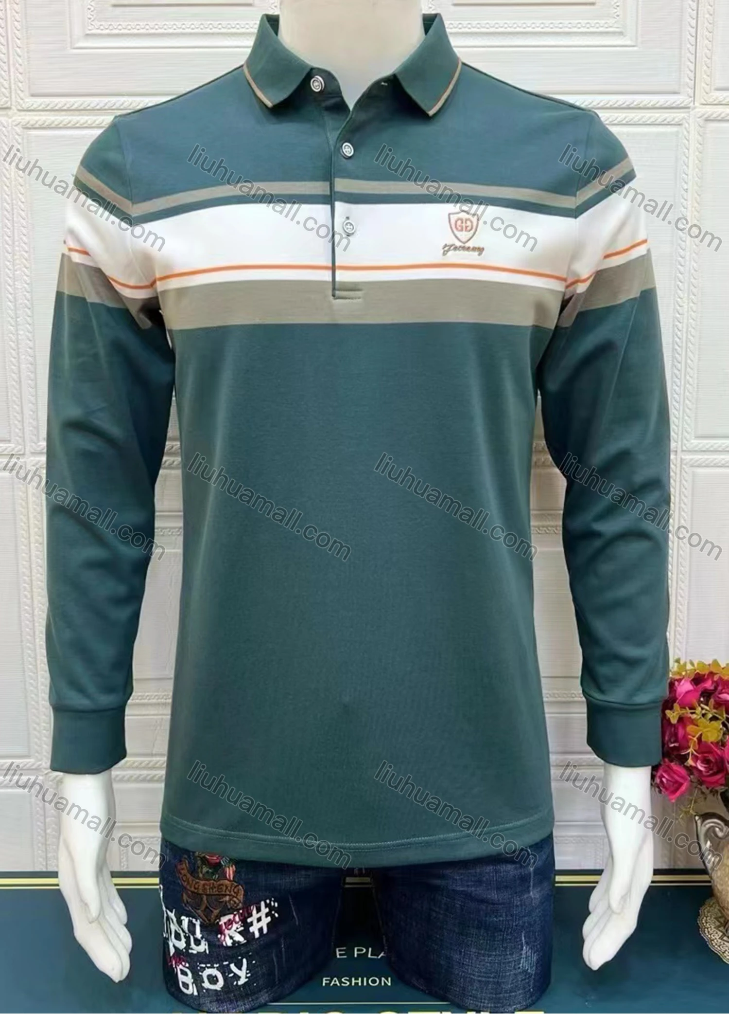 Wholesale Men's Casual Striped Colorblock Long Sleeve Polo Shirt - Liuhuamall