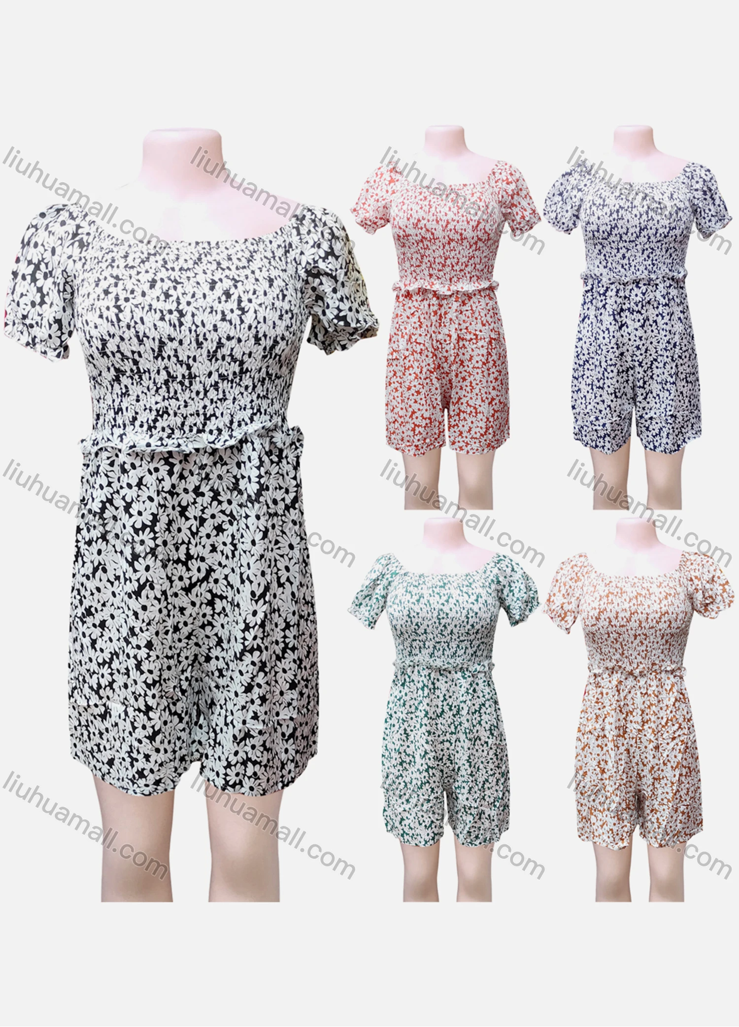 Wholesale Women's Casual Boat Neck Short Sleeve Floral Print Top & Shorts Set - Liuhuamall