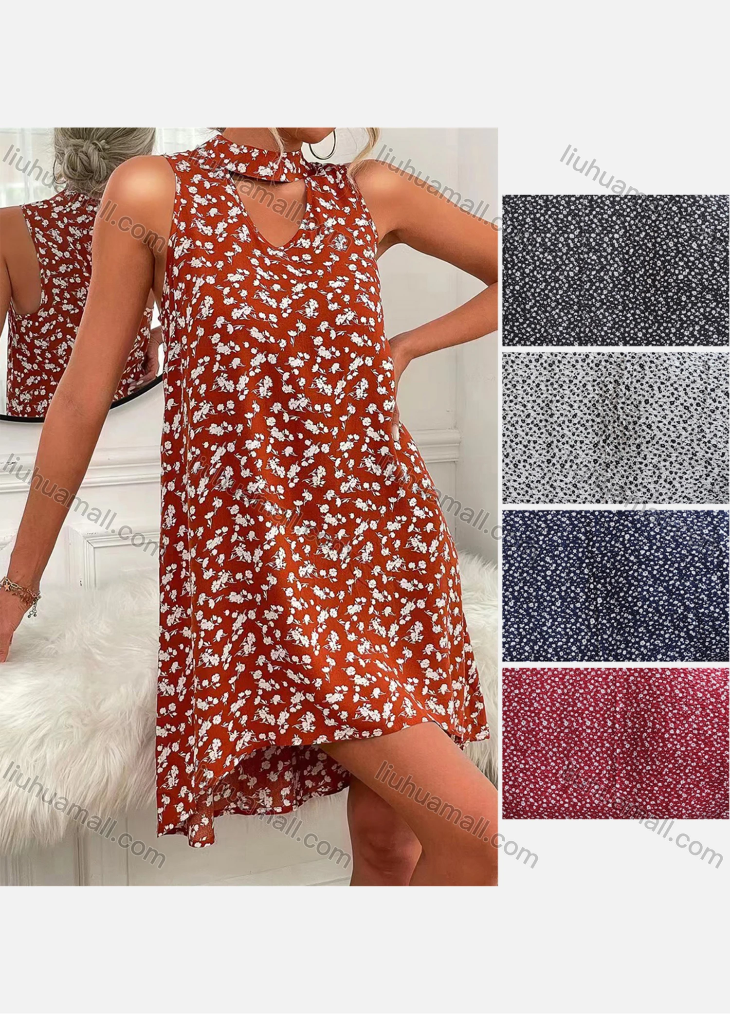 Wholesale Women's Causal Mock Neck Sleeveless Floral Print Tank Dress - Liuhuamall