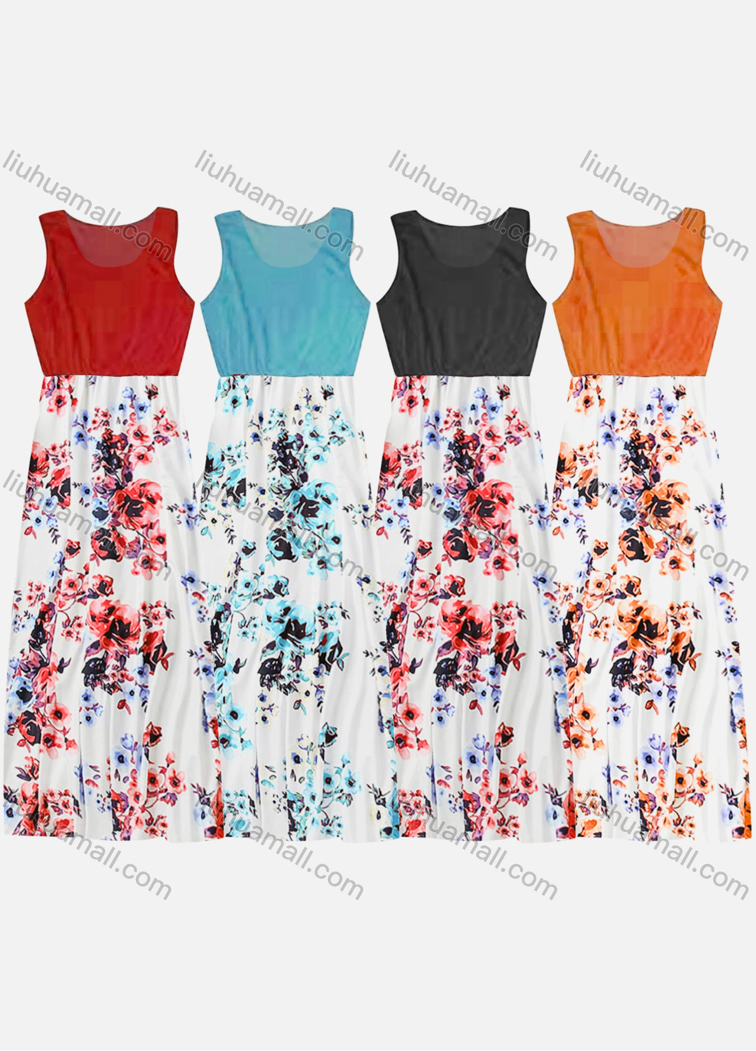 Wholesale Women's Causal Crew Neck Sleeveless Floral Print Tank Dress - Liuhuamall