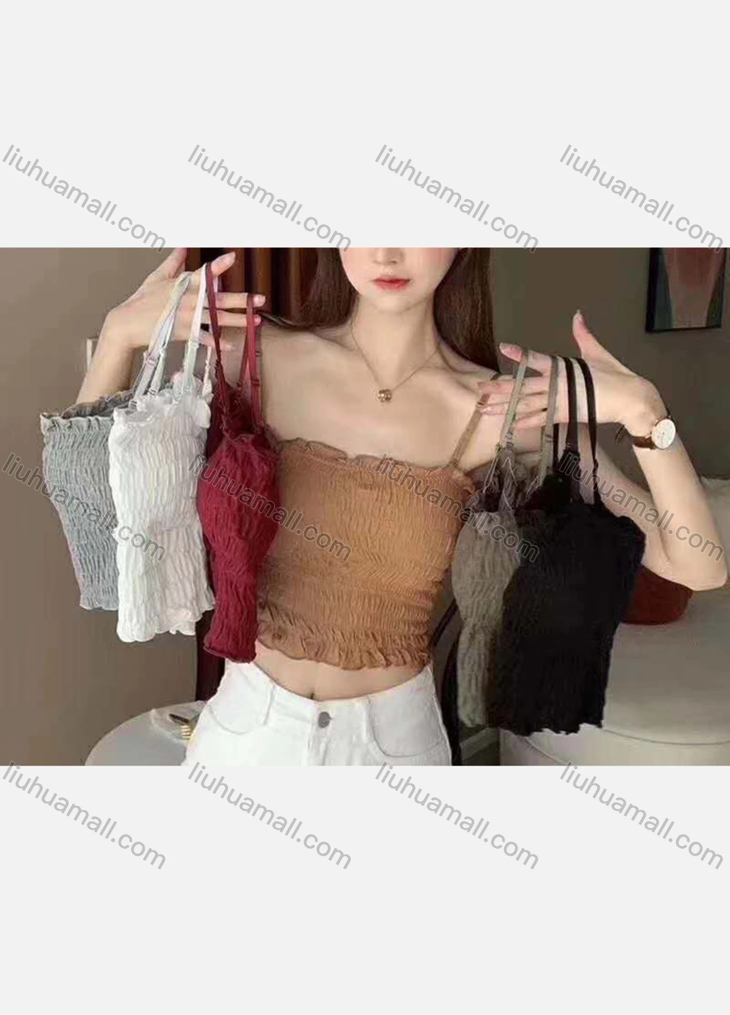 Wholesale Women's Casual Plain Slim Fit Ruffle Trim Crop Cami Top - Liuhuamall