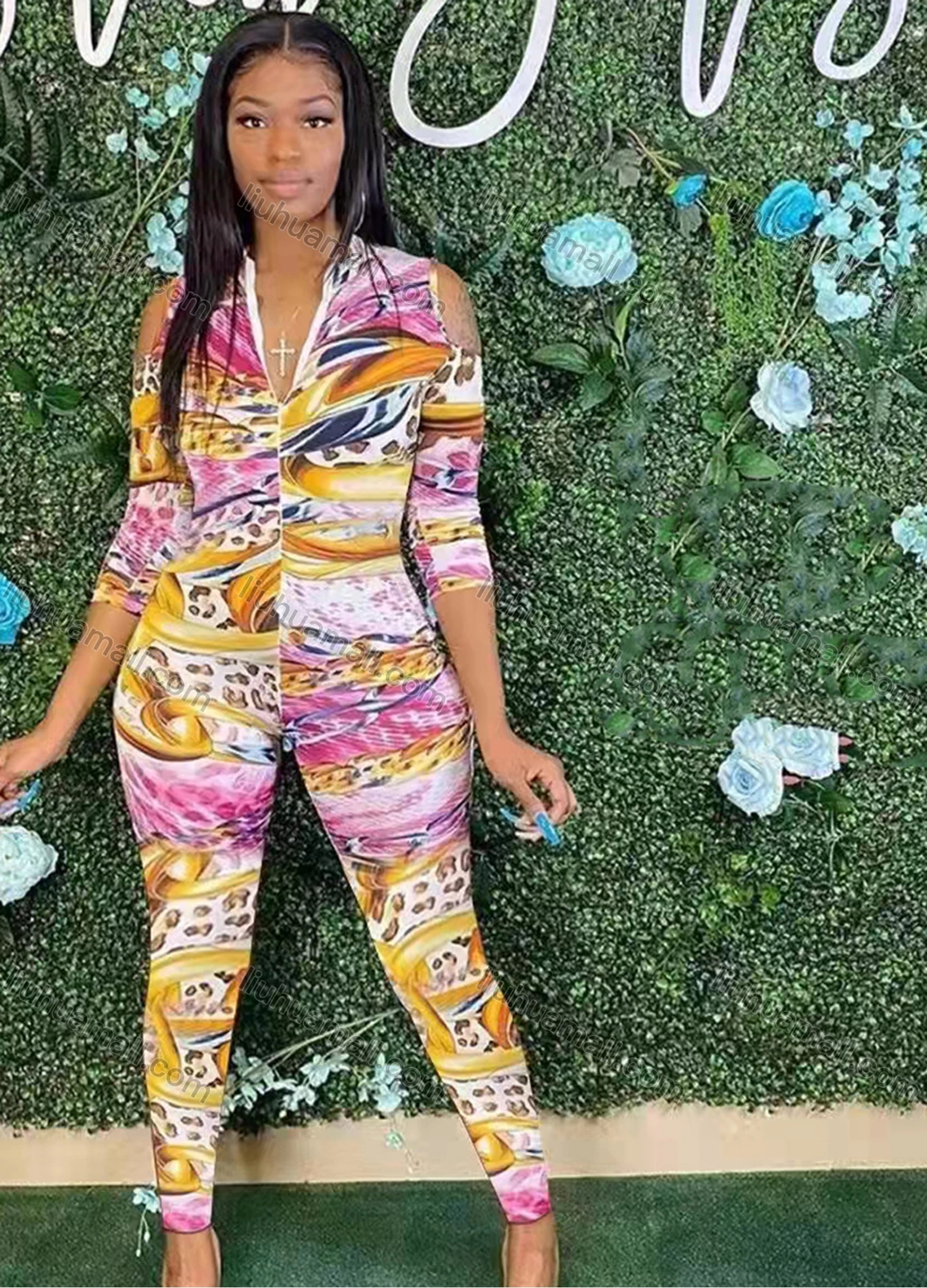 Wholesale Women's Sexy Long Sleeve Allover Print Skinny Fit Jumpsuit - Liuhuamall