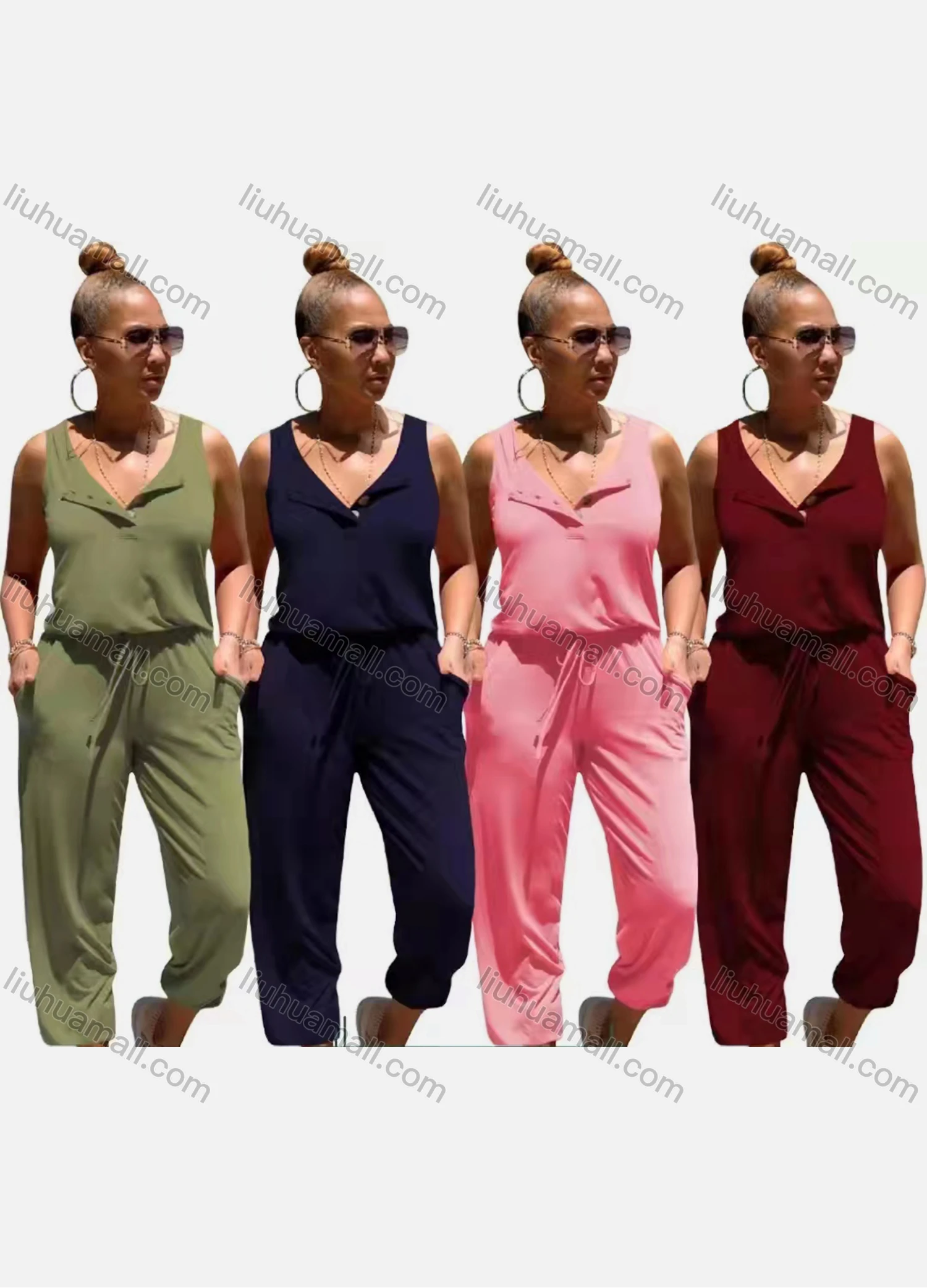 Wholesale Women's Casual Sleeveless Plain Tank Top & Drawstring Trouser Set - Liuhuamall