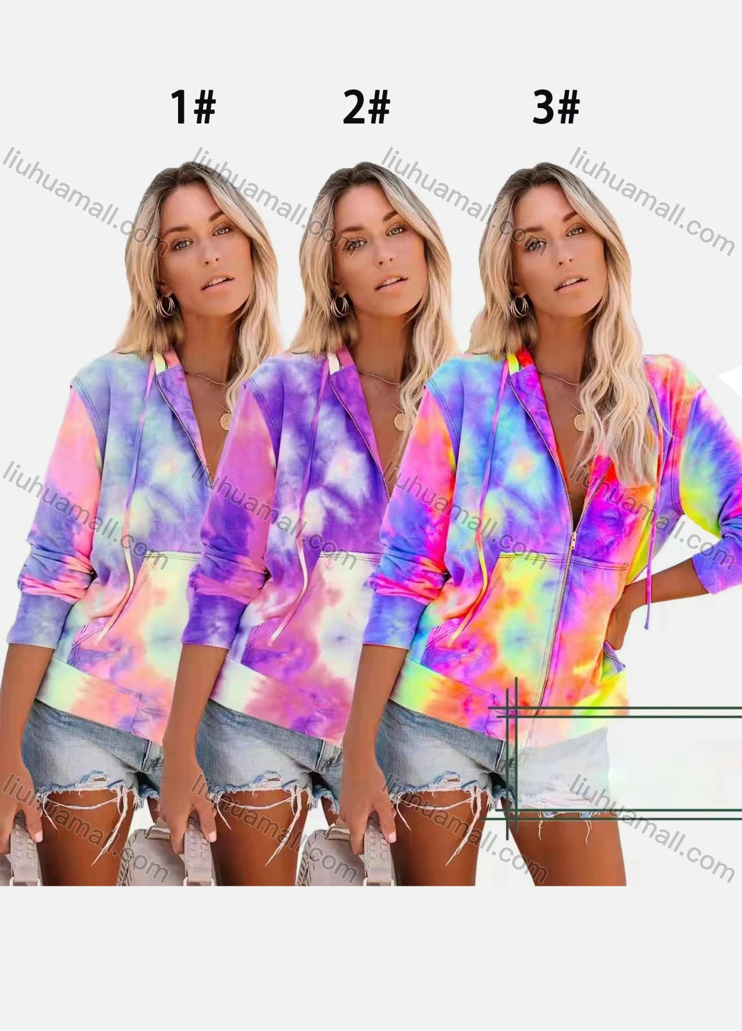 Wholesale Women's Casual Hooded Long Sleeve Zipper Tie Dye Sweatshirt - Liuhuamall