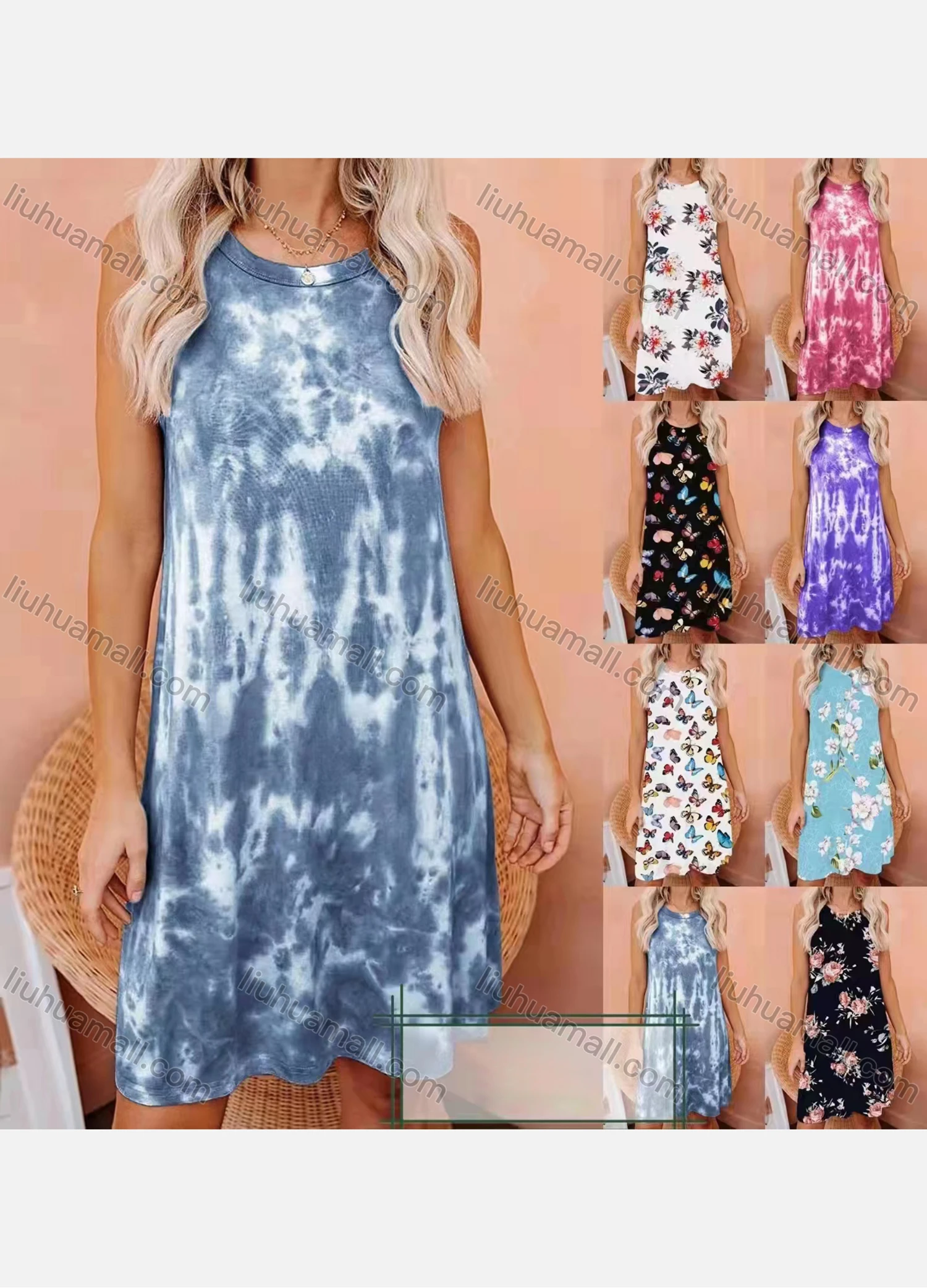 Wholesale Women's Casual Crew Neck Floral Print Knee Length Tank Dress - Liuhuamall
