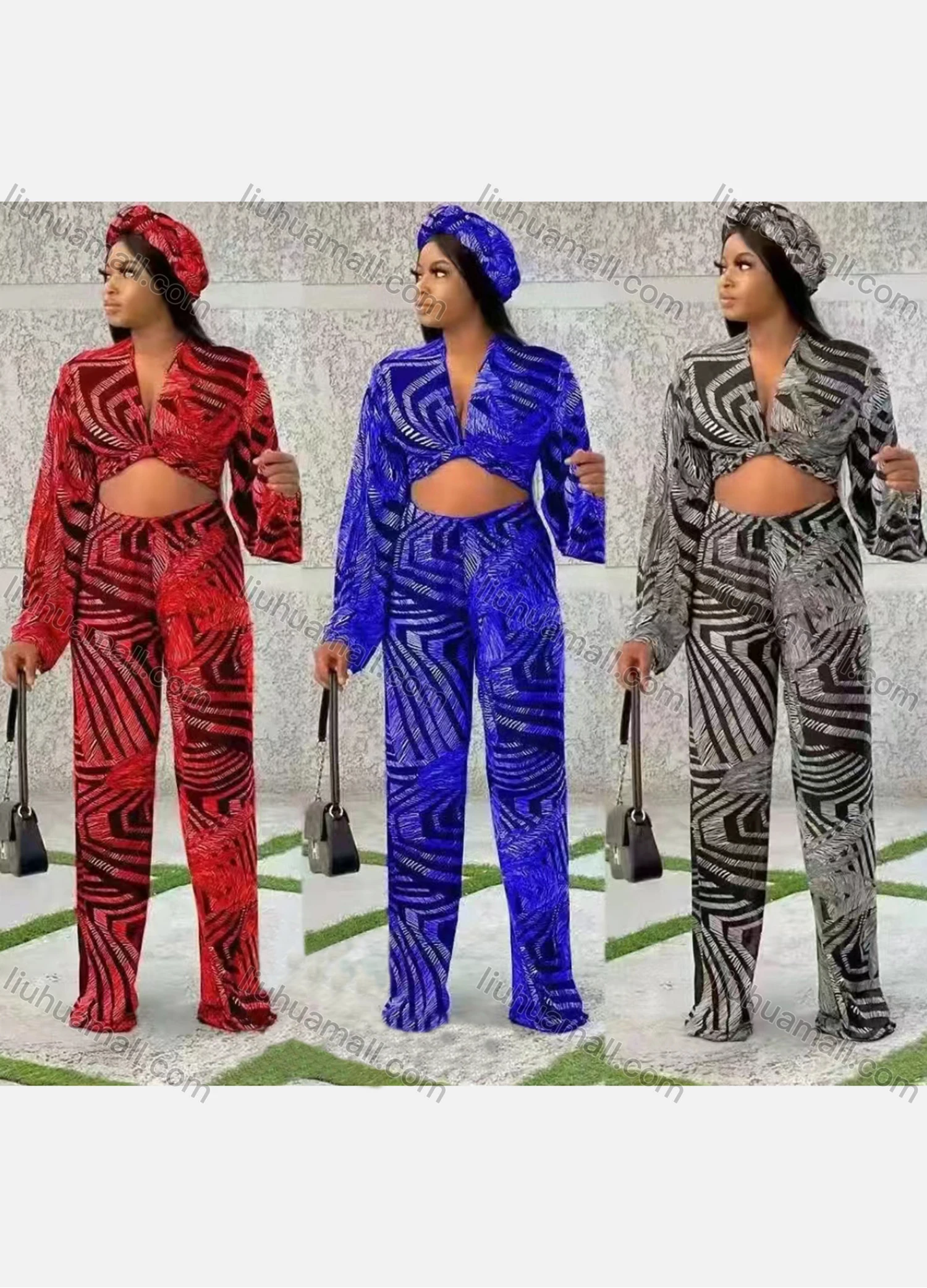 Wholesale Women's Casual Long Sleeve Allover Print Crop Top & Trouser & Scarf Set - Liuhuamall