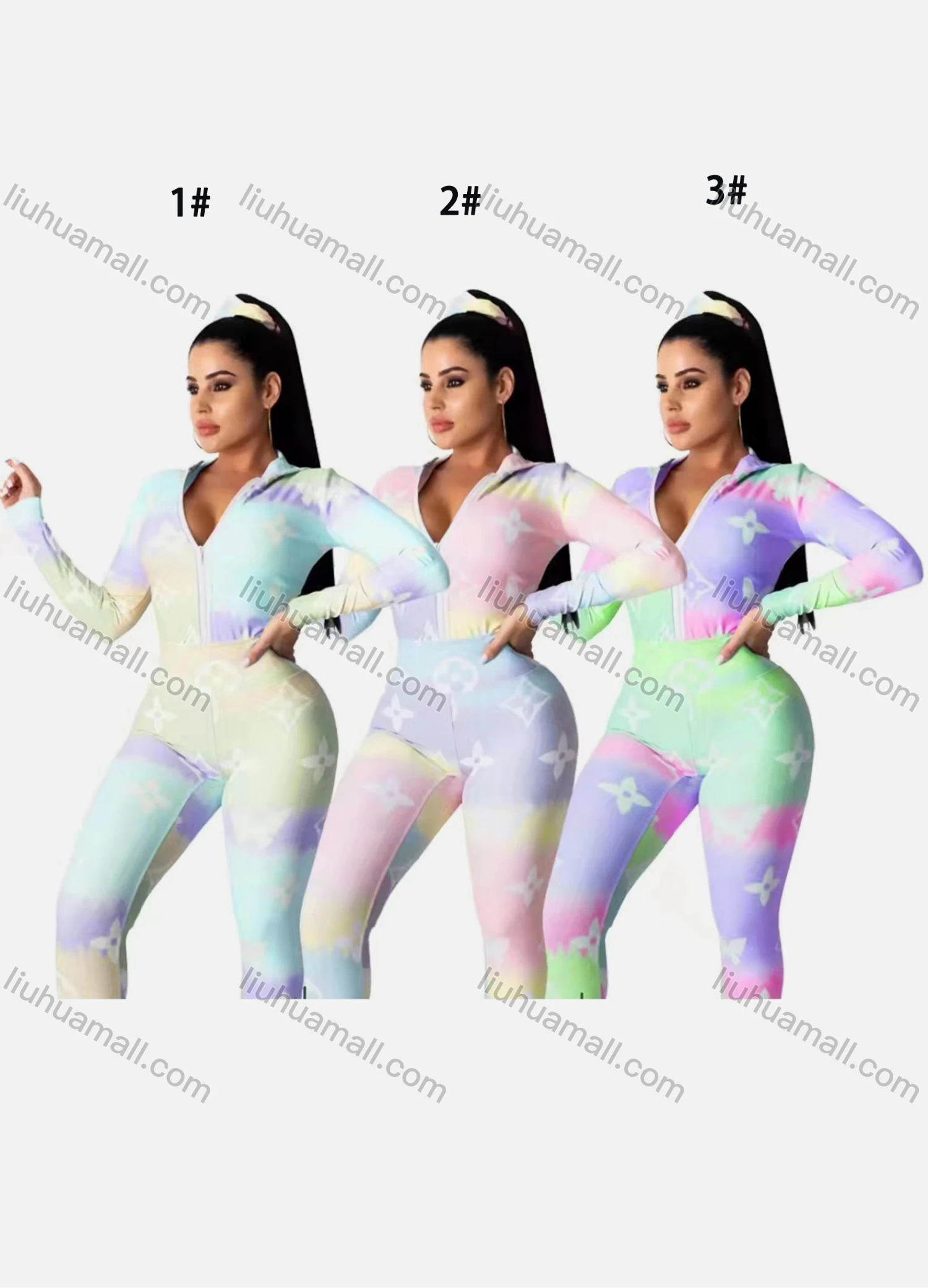Wholesale Women's Sexy Hooded Long Sleeve Tie Dye Quarter Zip Skinny Fit Jumpsuit - Liuhuamall