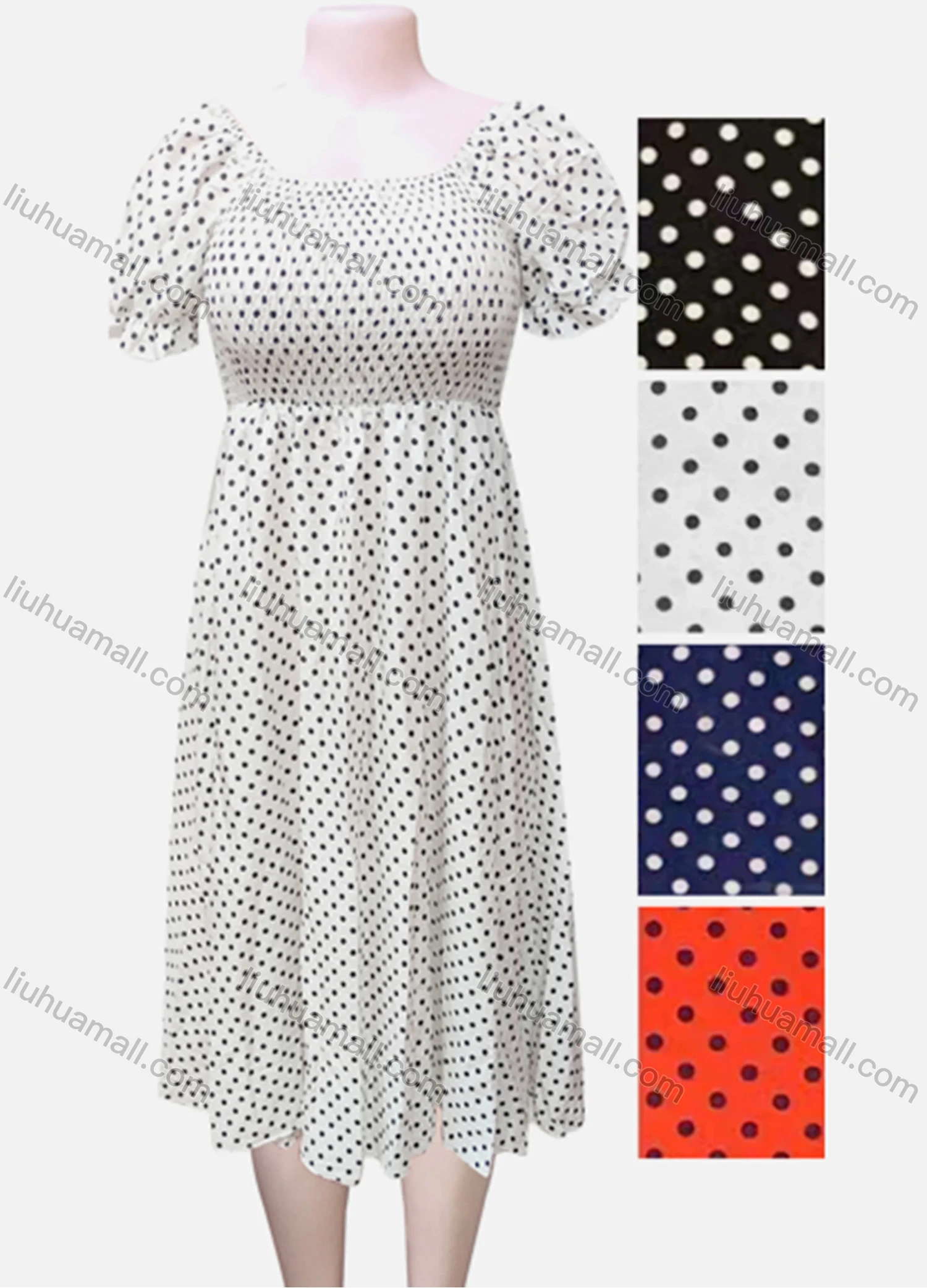 Wholesale Women's Casual Short Sleeve Polka Dot Midi Dress - Liuhuamall