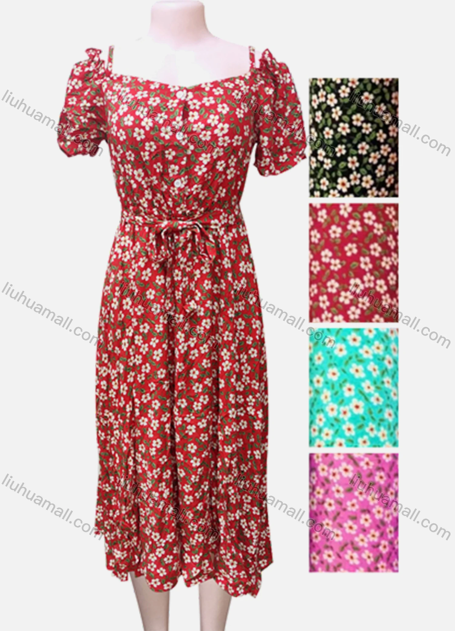 Wholesale Women's Casual Short Sleeve Floral Print Midi Dress - Liuhuamall