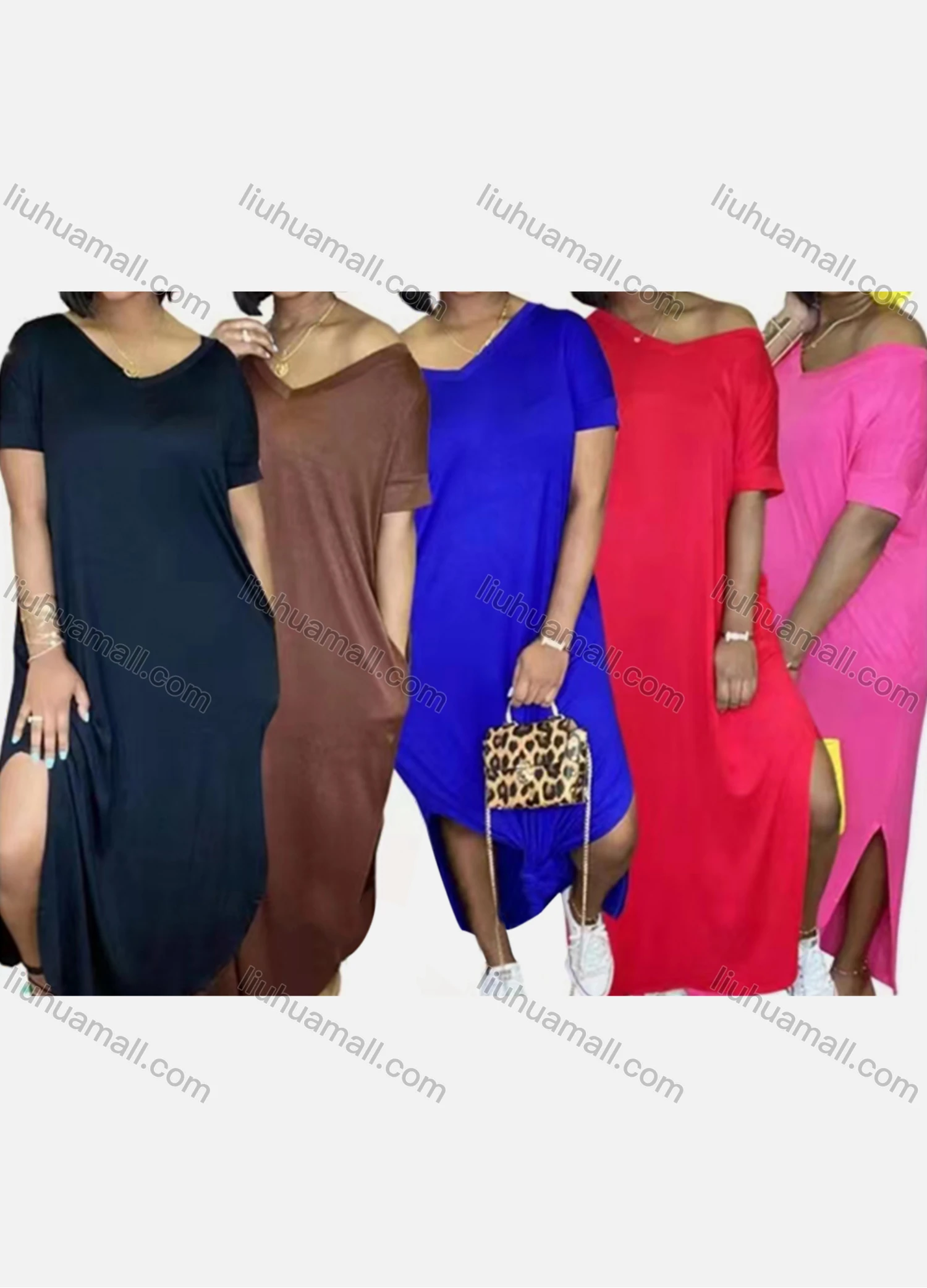 Wholesale Women's Casual V Neck Short Sleeve Plain Maxi Dress - Liuhuamall