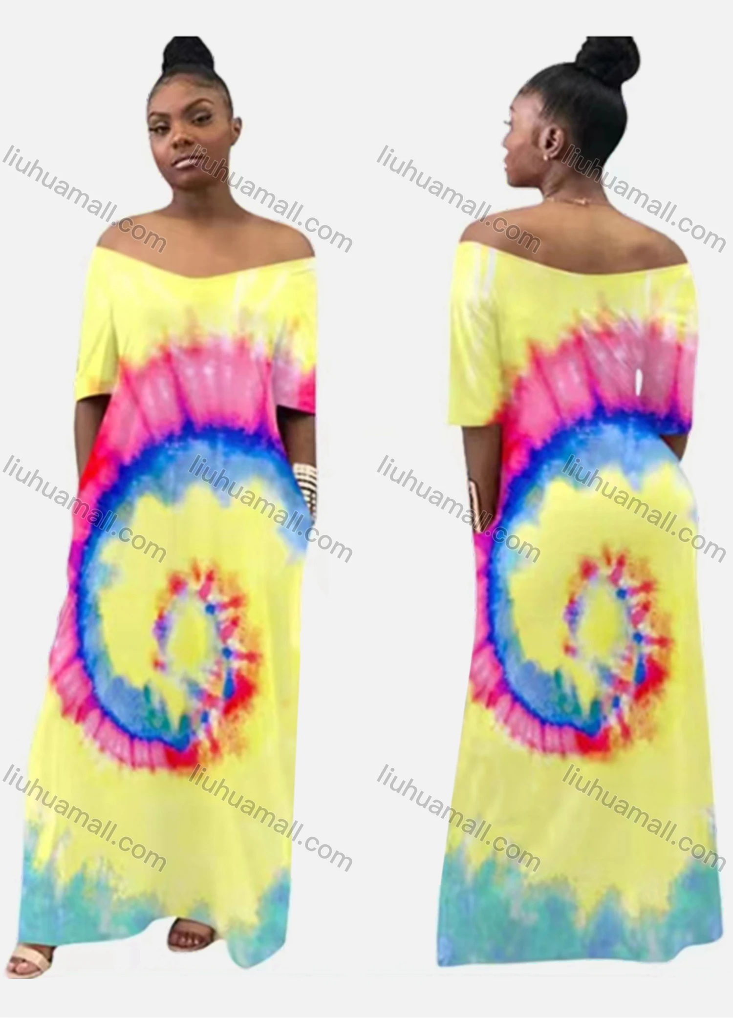Wholesale Women's Casual Off Shoulder Short Sleeve Allover Print Maxi Dress - Liuhuamall