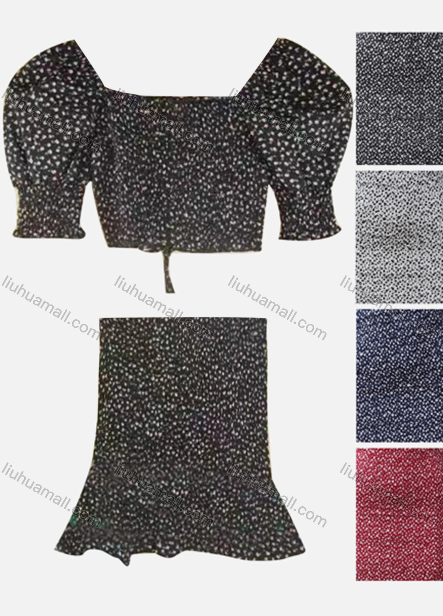 Wholesale Women's Casual Puff Sleeve Polka Dot Lace Up Crop Top & Skirt Set - Liuhuamall