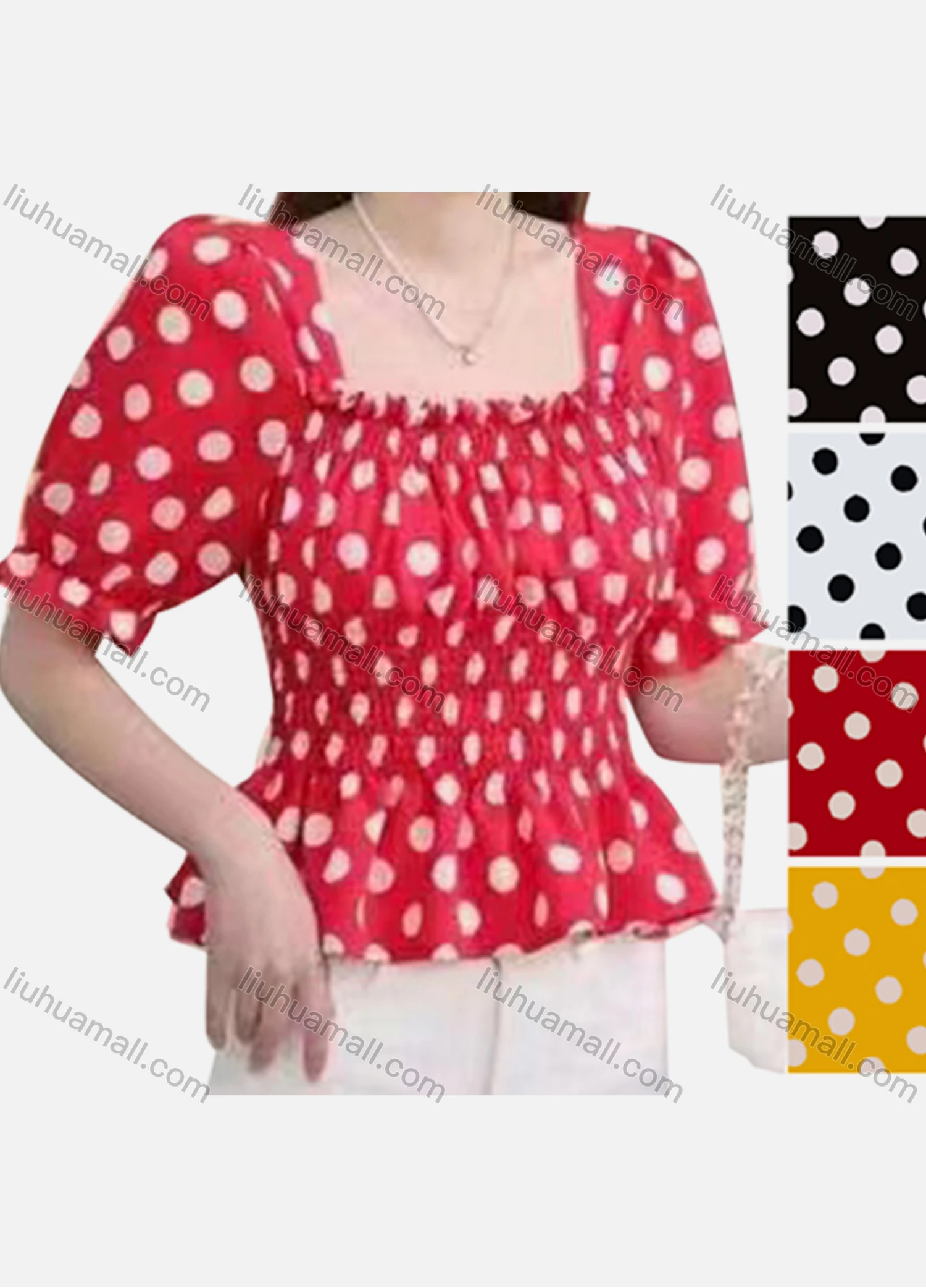 Wholesale Women's Casual Square Neck Puff Sleeve Polka Dot Peplum Top - Liuhuamall