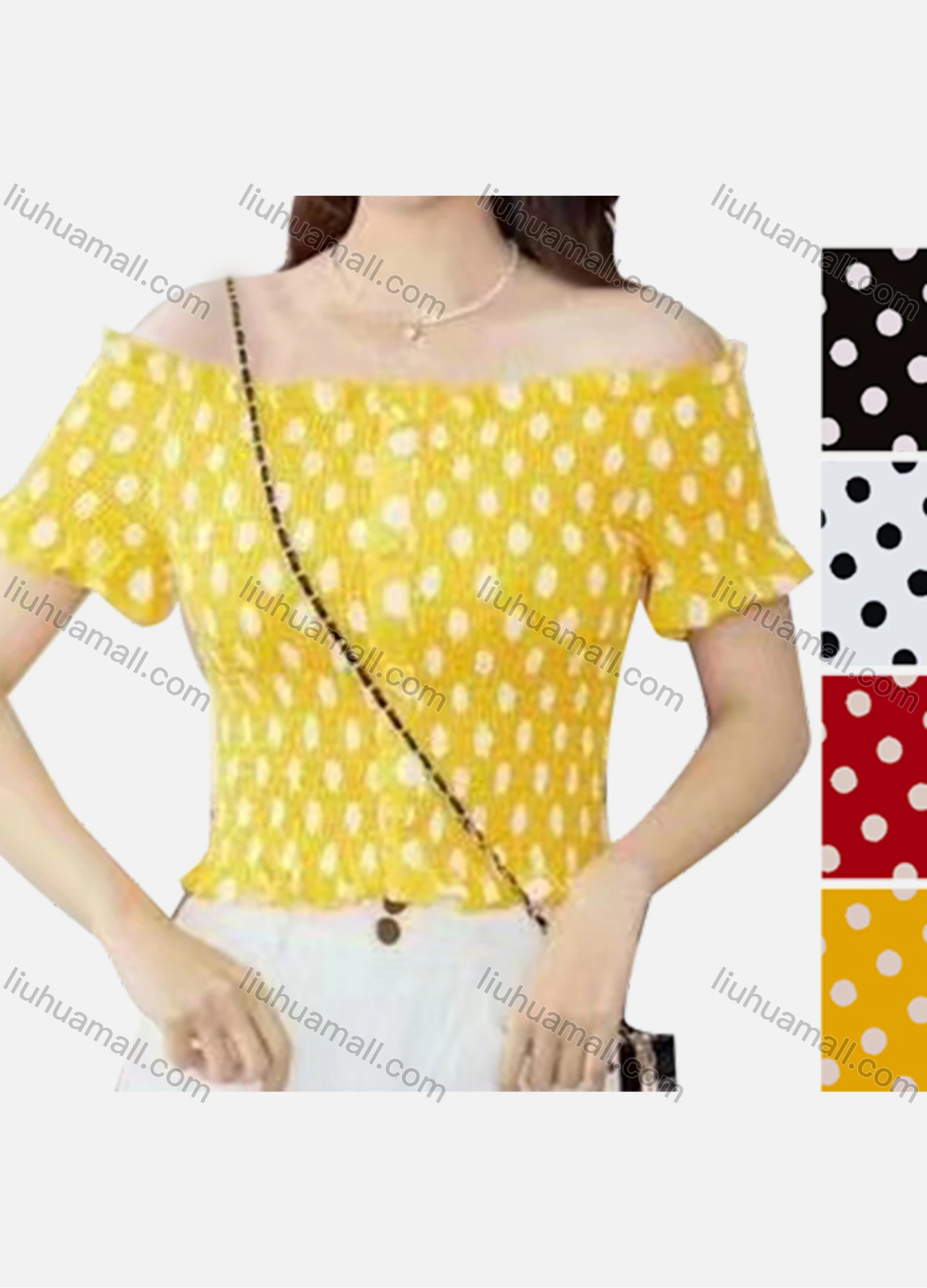 Wholesale Women's Casual Off Shoulder Puff Sleeve Polka Dot Peplum Top - Liuhuamall