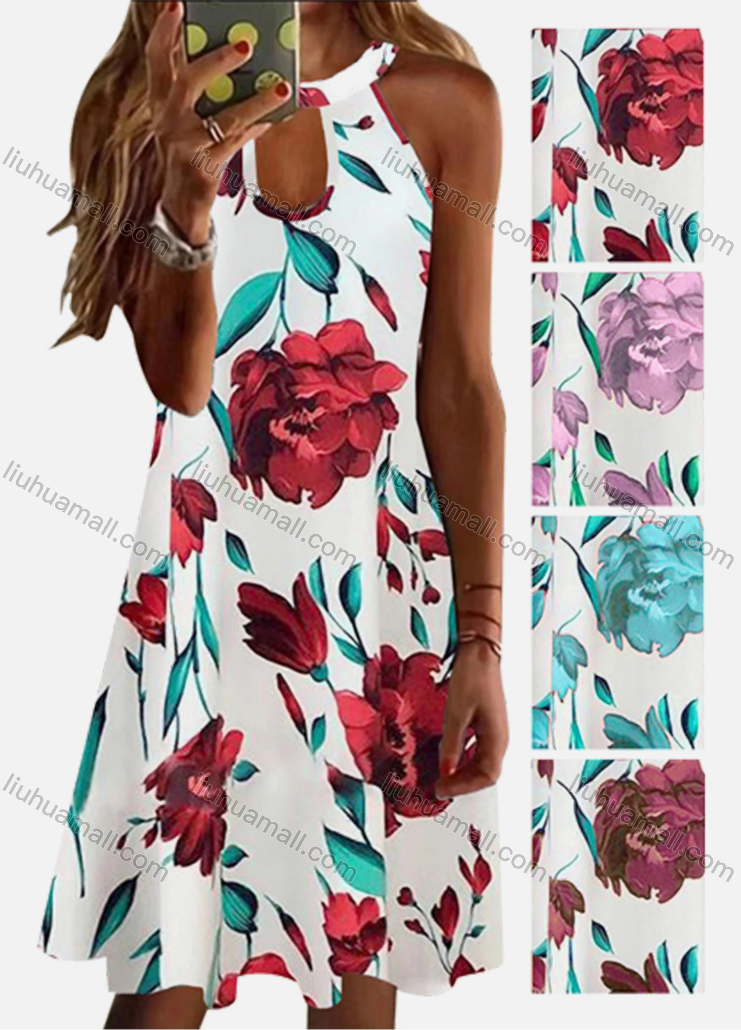 Wholesale Women's Casual Sleeveless Floral Print Knee Length Halter Dress - Liuhuamall