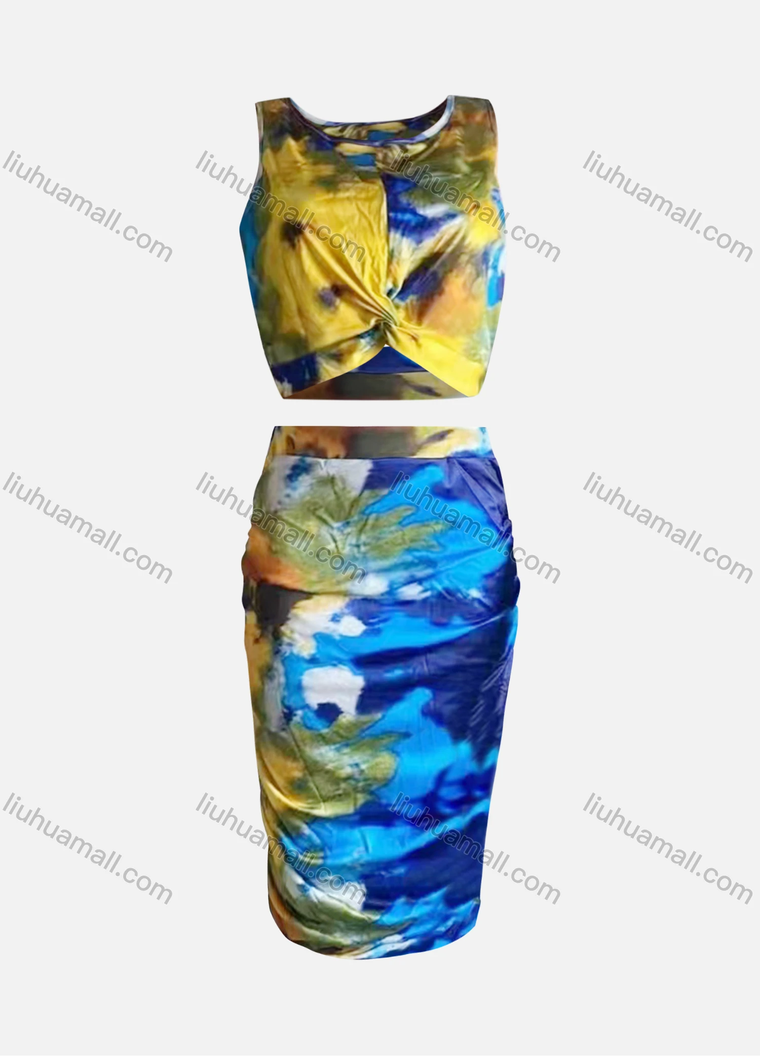 Wholesale Women's Casual Crew Neck Twist Allover Print Tank Top & Skirt Set - Liuhuamall