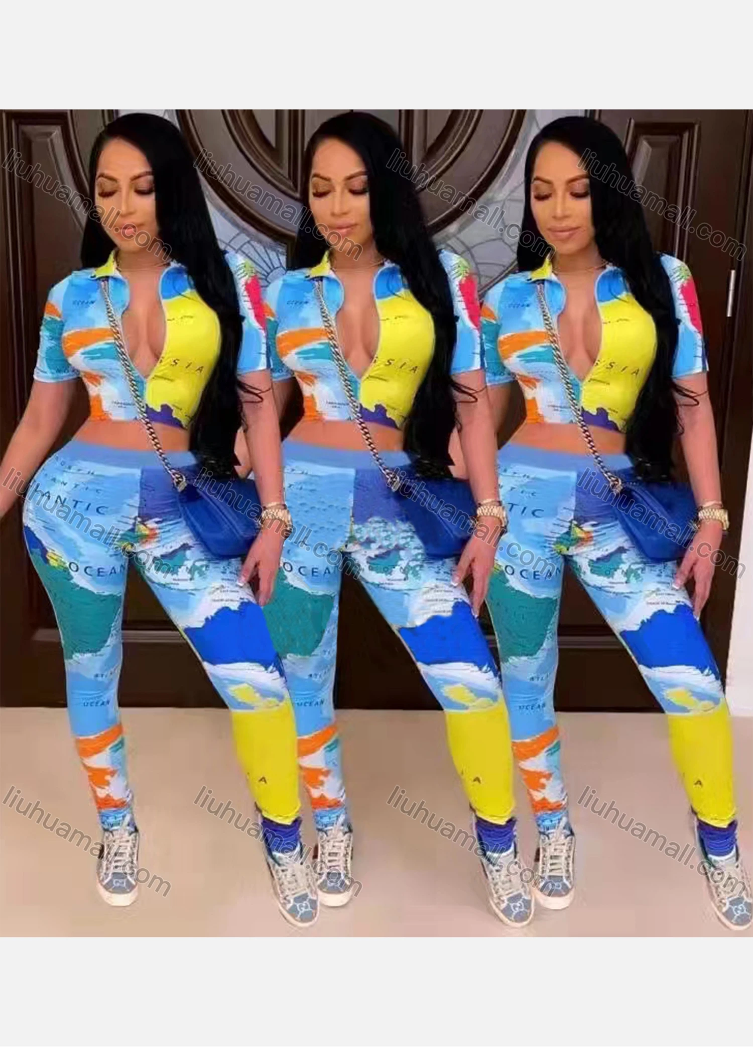 Wholesale Women's Casual Collared Short Sleeve Allover Print Bodycon Top & Legging Set - Liuhuamall