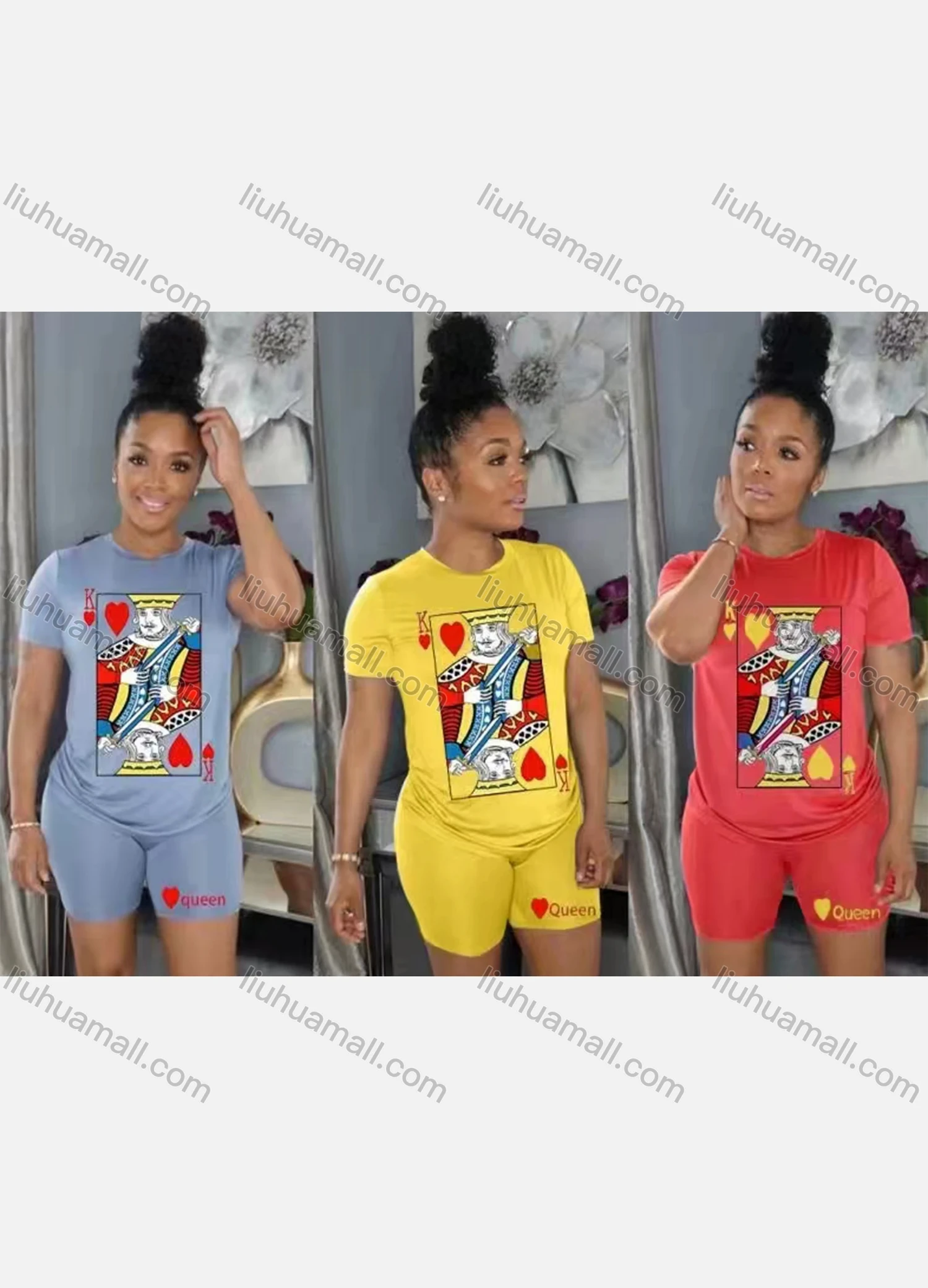 Wholesale Women's Casual Short Sleeve Poker Print Bodycon Top & Short Legging Set - Liuhuamall