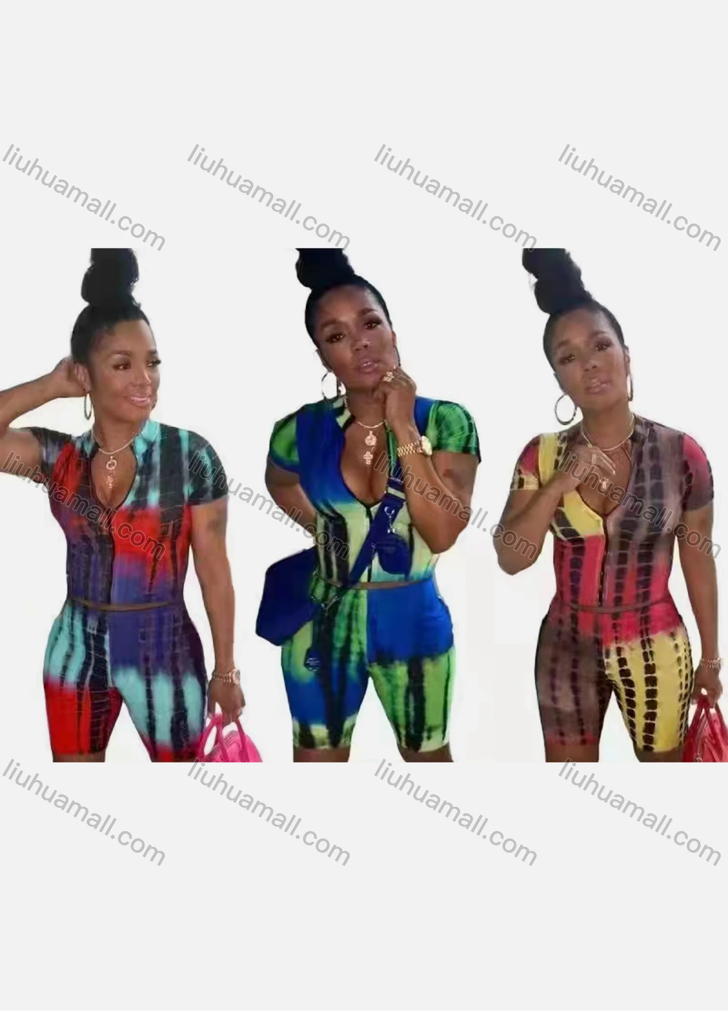 Wholesale Women's Casual Short Sleeve Allover Print Bodycon Top & Short Legging Set - Liuhuamall