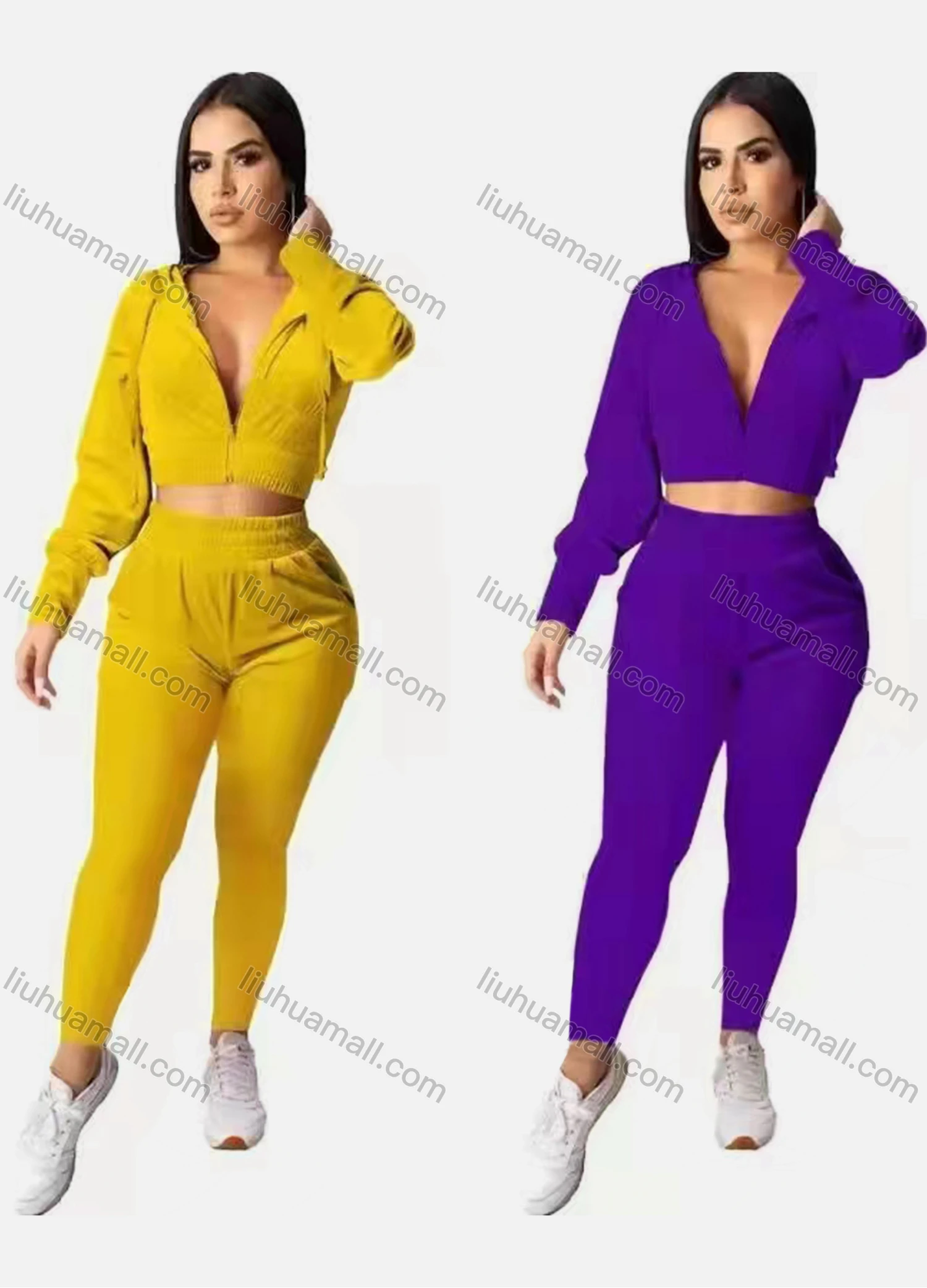 Wholesale Women's Casual Hooded Plain Crop Jacket & Legging Set - Liuhuamall