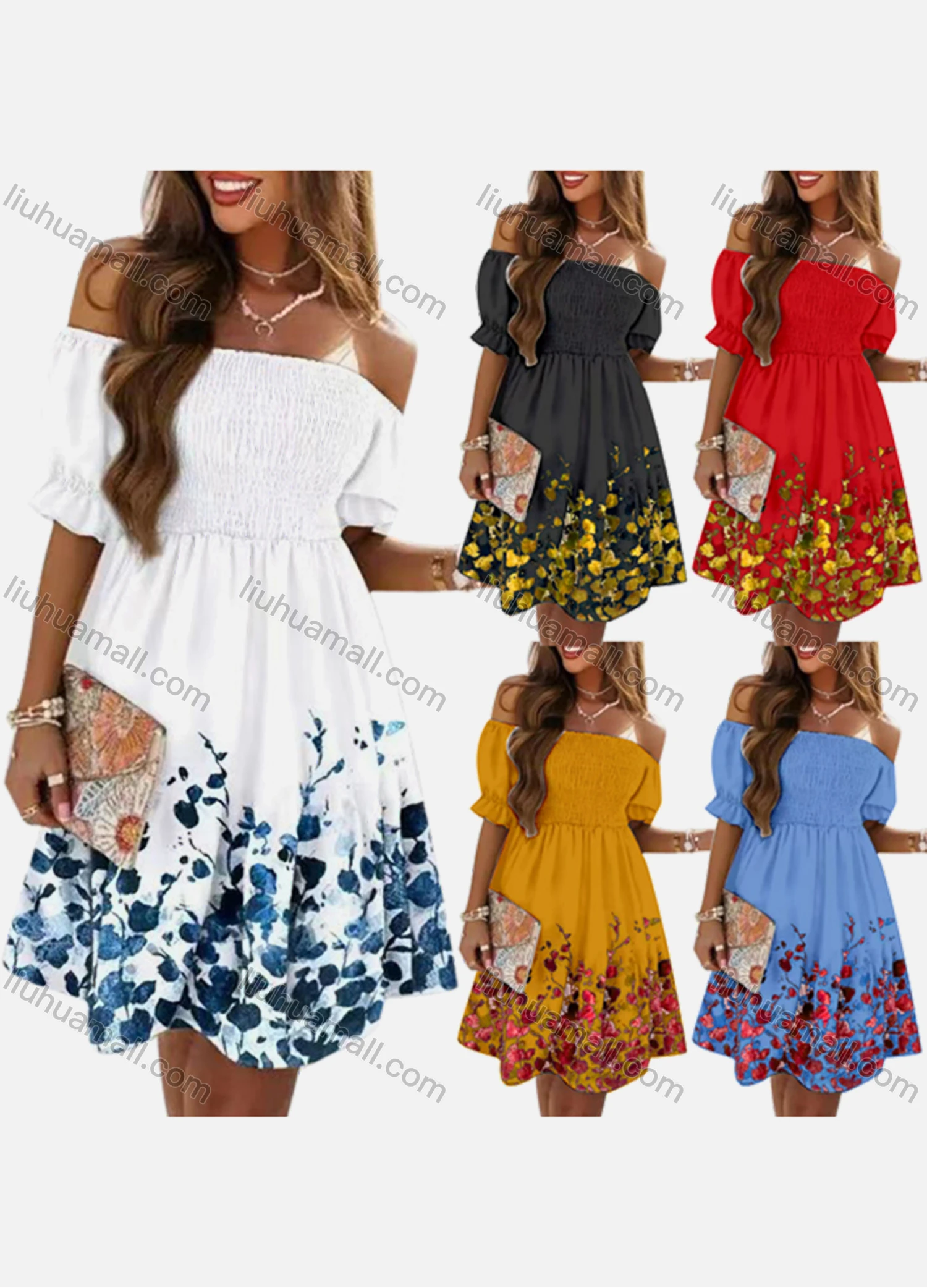 Wholesale Women's Casual Off Shoulder Puff Sleeve Floral Print Short Dress - Liuhuamall