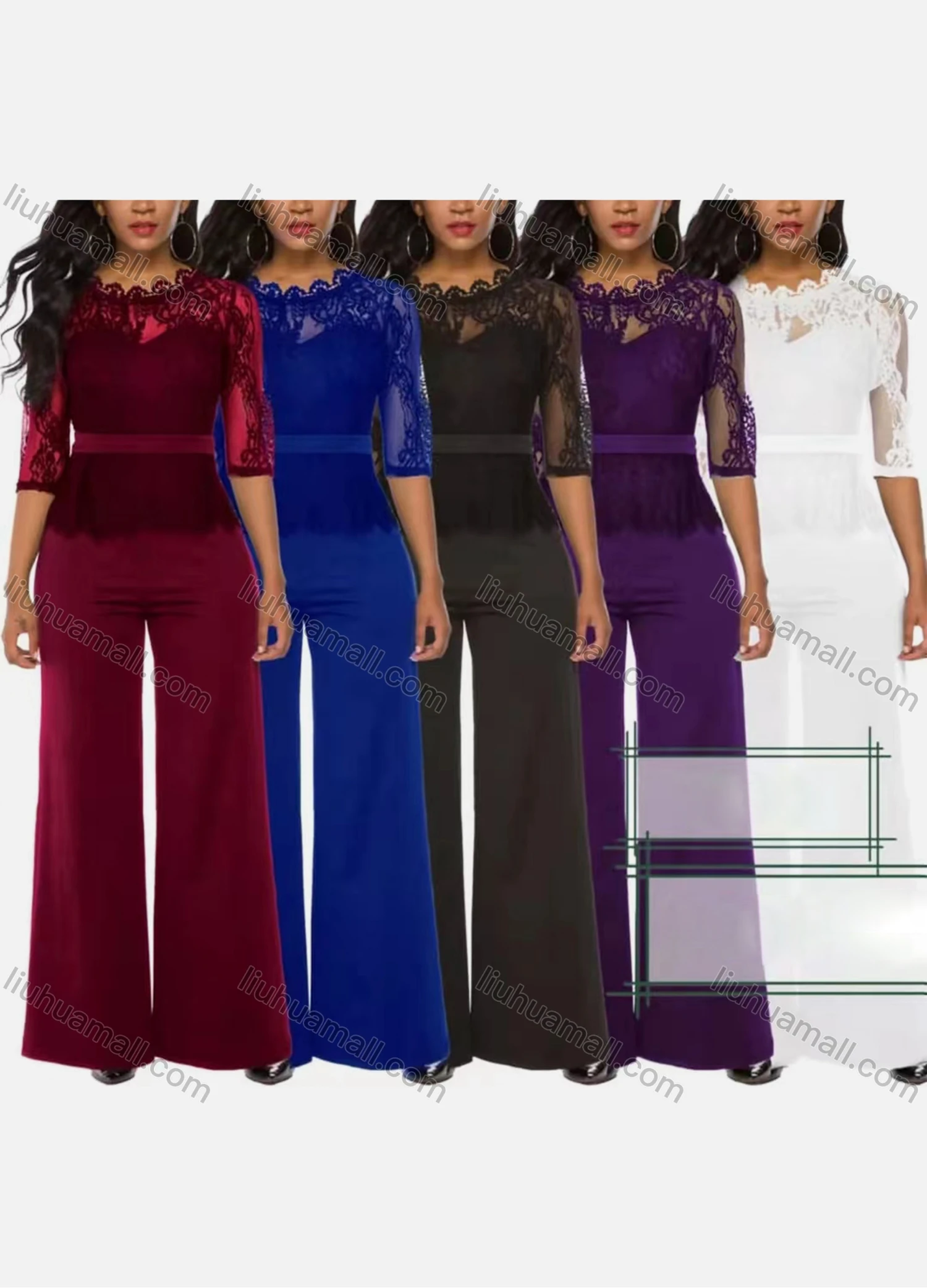 Wholesale Women's Casual 3/4 Sleeve Lace Slim Fit Blouse & High Waist Pants Set - Liuhuamall