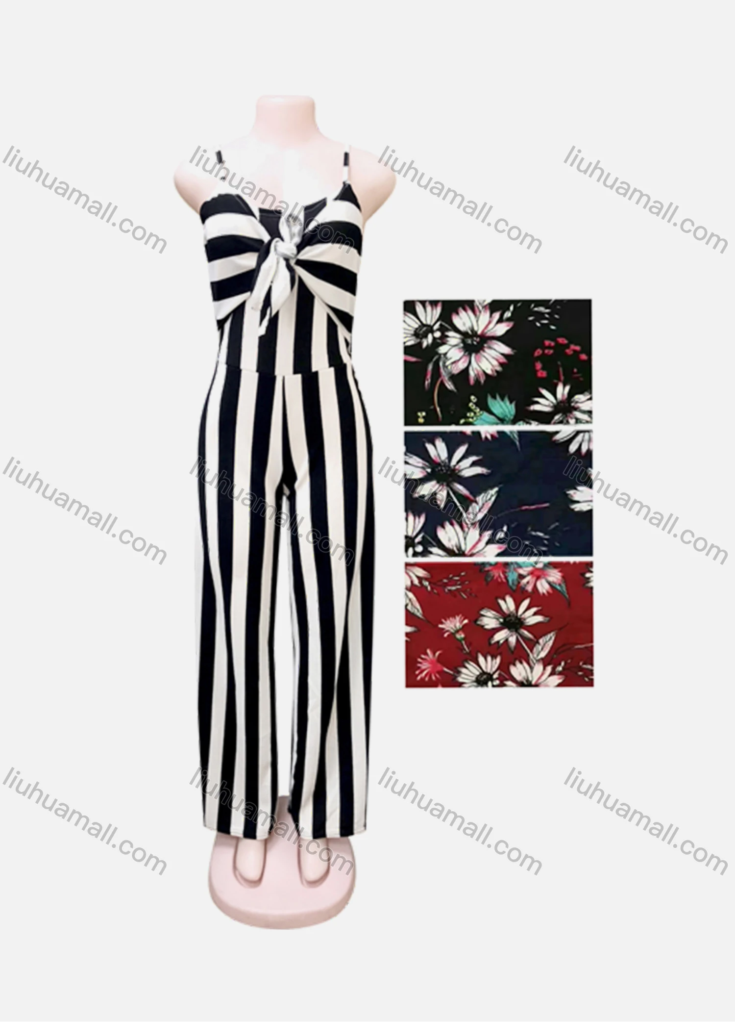 Wholesale Women's Casual Sleeveless Floral Print Striped Cami Jumpsuit - Liuhuamall