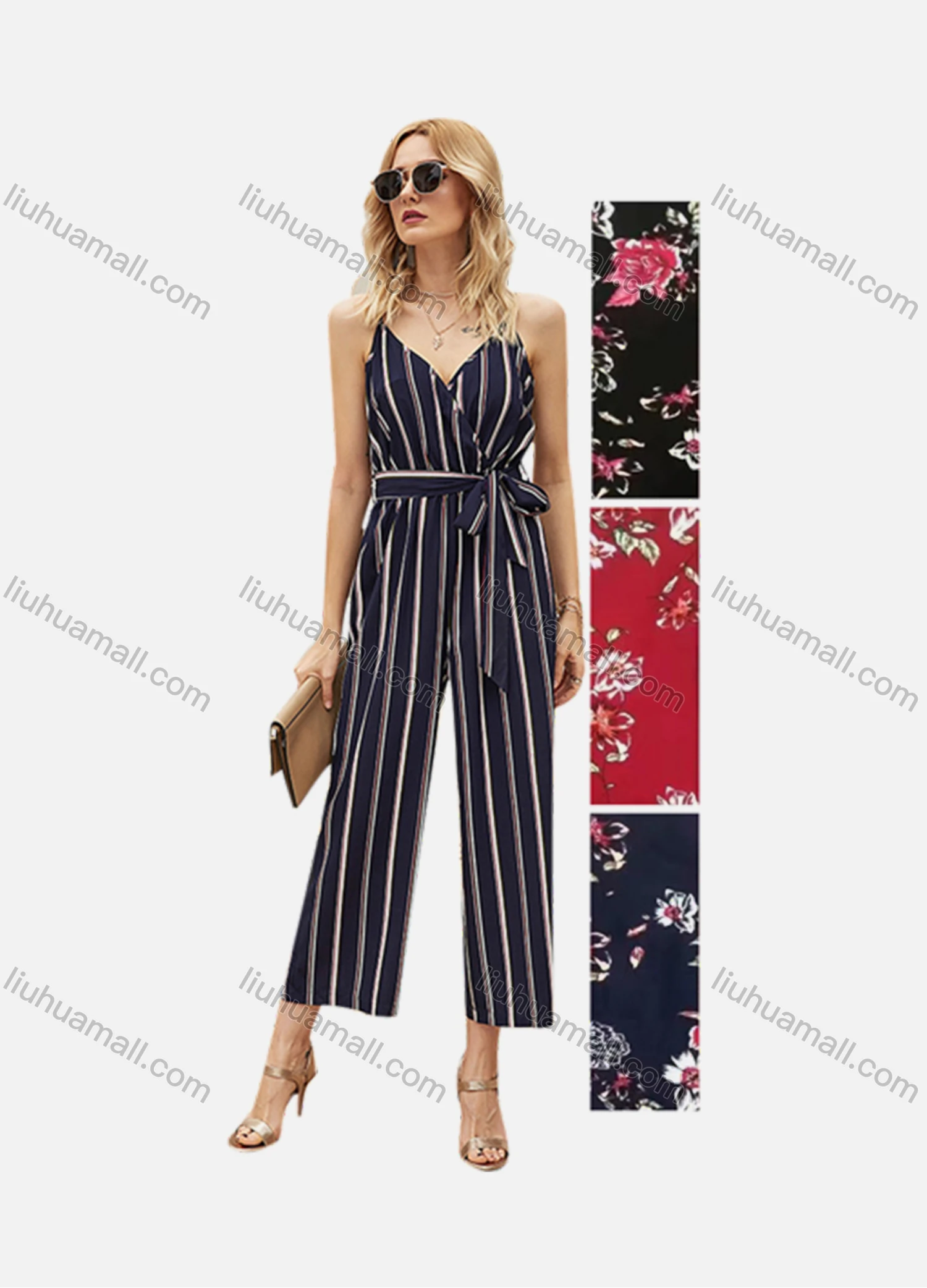 Wholesale Women's Casual Sleeveless Floral Print Striped Cami Jumpsuit - Liuhuamall