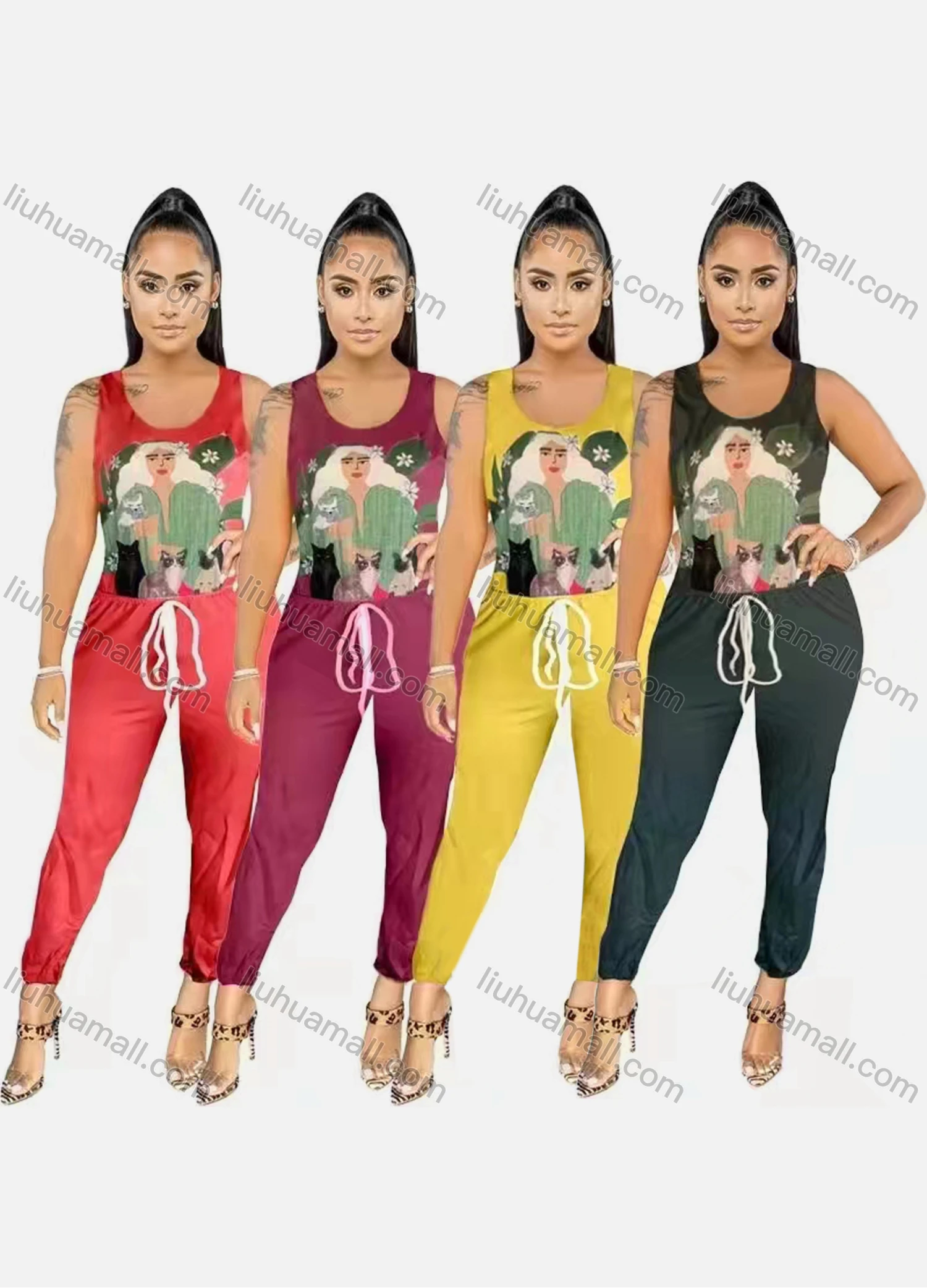 Wholesale Women's Casual Crew Neck Graphic Tank Top & Lace Up Pants Set - Liuhuamall