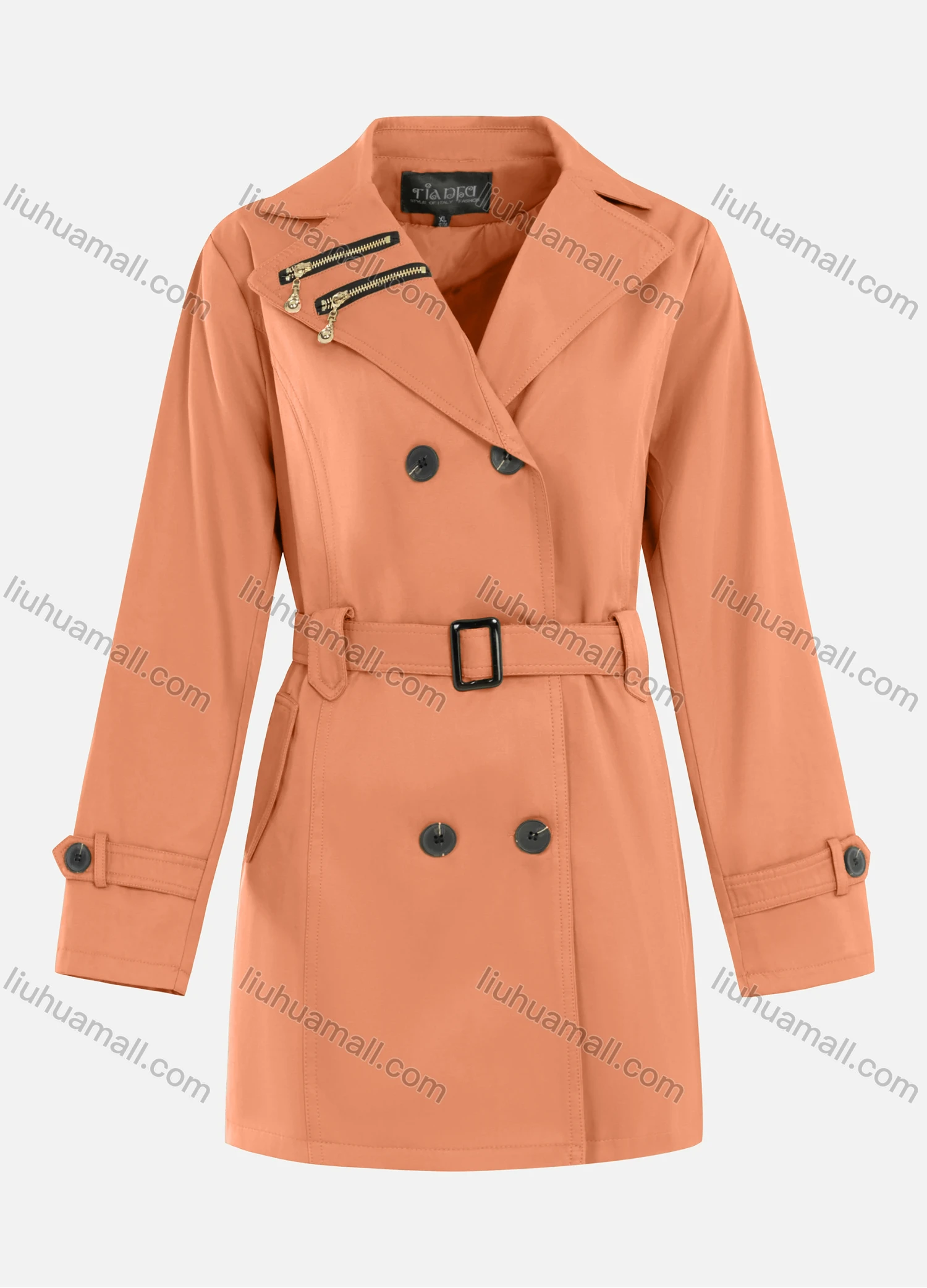 Wholesale Women's Casual Plain Zipper Lapel Double Breasted Long Sleeve Trench Coat With Belt - Liuhuamall