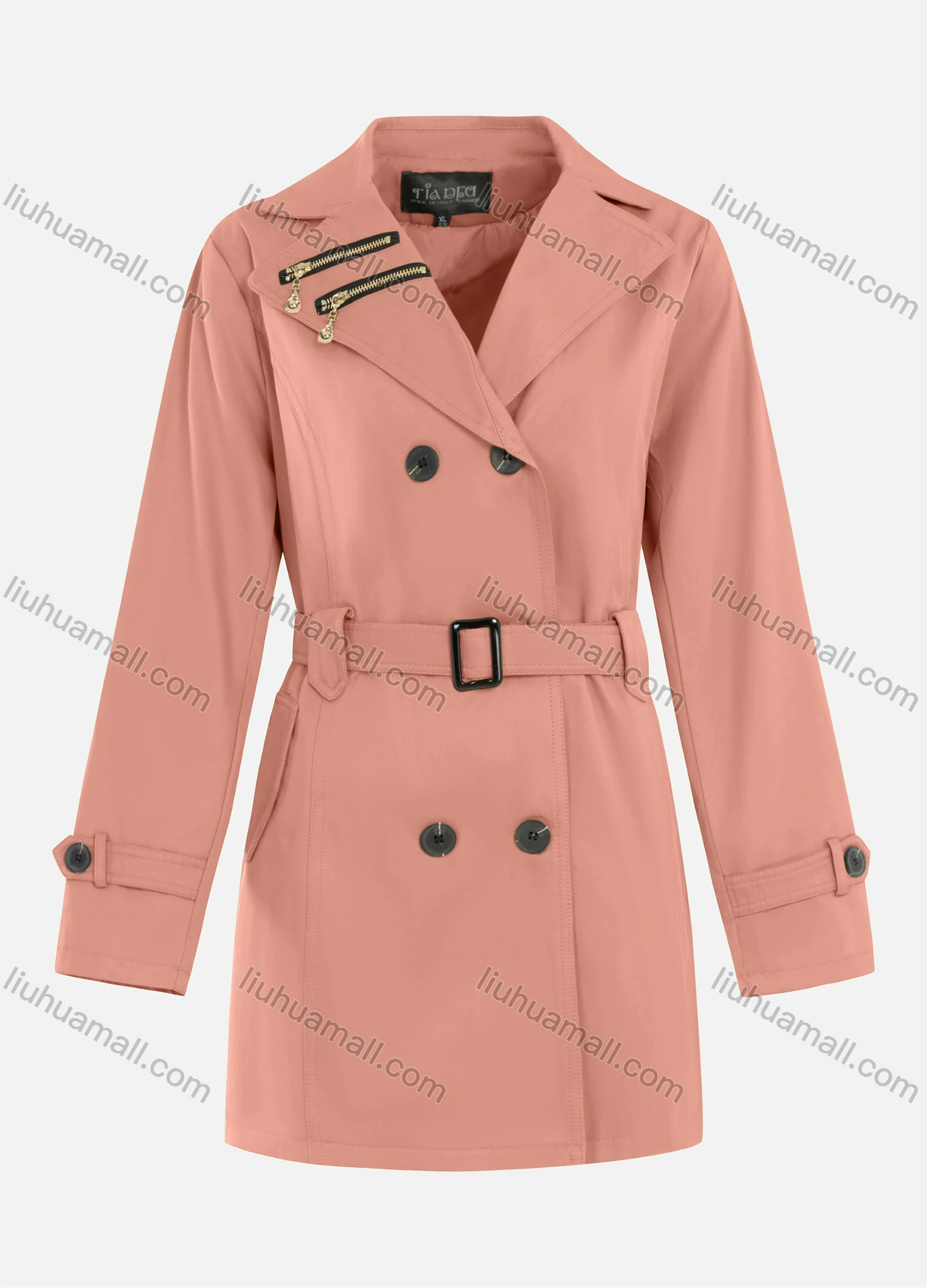 Wholesale Women's Casual Plain Zipper Lapel Double Breasted Long Sleeve Trench Coat With Belt - Liuhuamall
