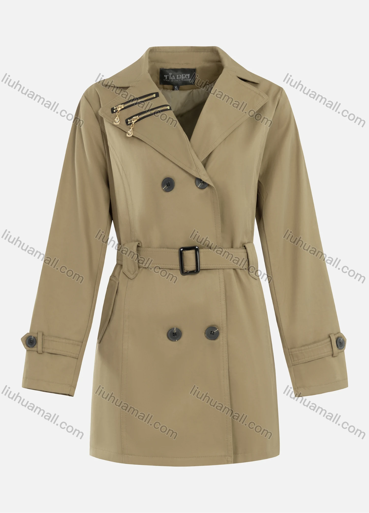 Wholesale Women's Casual Plain Zipper Lapel Double Breasted Long Sleeve Trench Coat With Belt - Liuhuamall