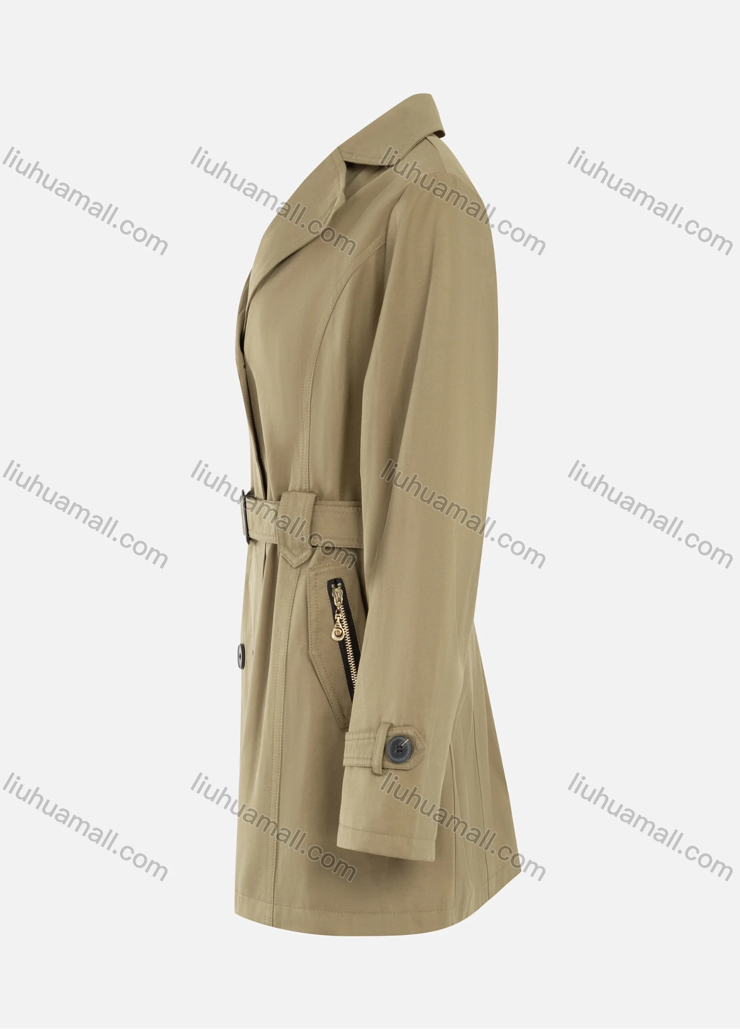 Wholesale Women's Casual Plain Zipper Lapel Double Breasted Long Sleeve Trench Coat With Belt - Liuhuamall