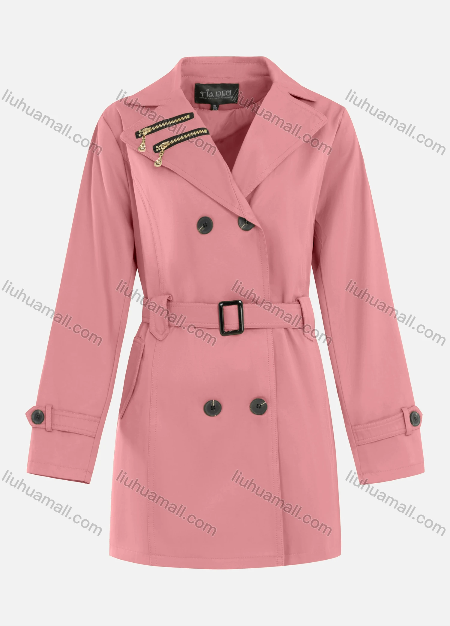Wholesale Women's Casual Plain Zipper Lapel Double Breasted Long Sleeve Trench Coat With Belt - Liuhuamall