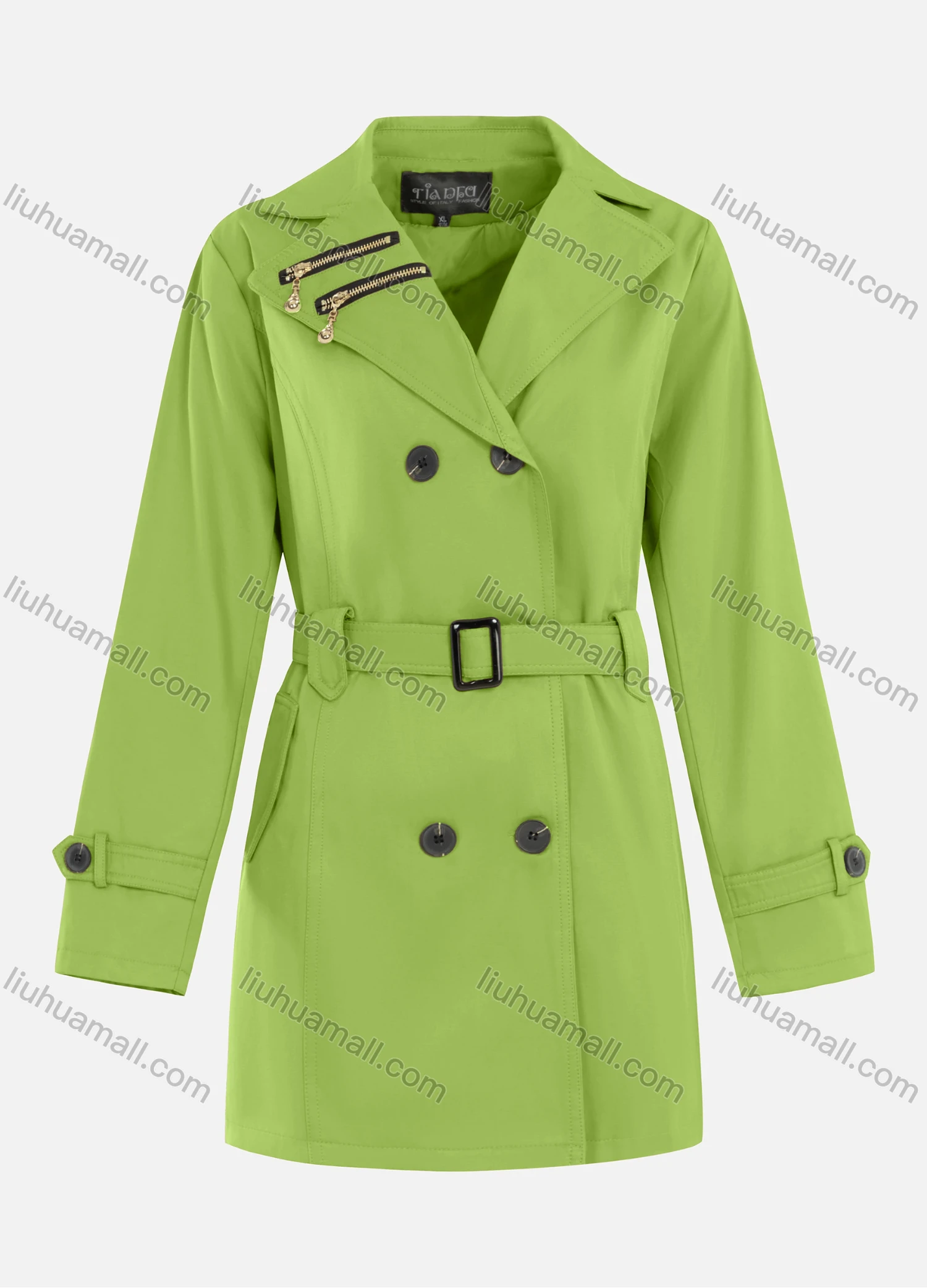 Wholesale Women's Casual Plain Zipper Lapel Double Breasted Long Sleeve Trench Coat With Belt - Liuhuamall
