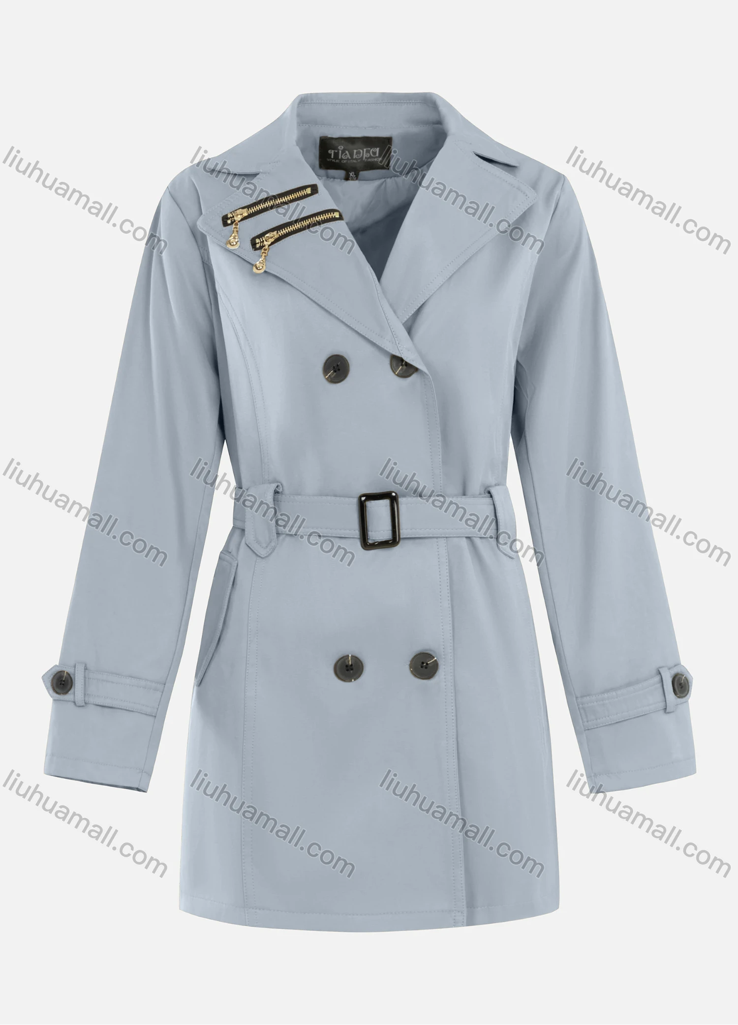 Wholesale Women's Casual Plain Zipper Lapel Double Breasted Long Sleeve Trench Coat With Belt - Liuhuamall