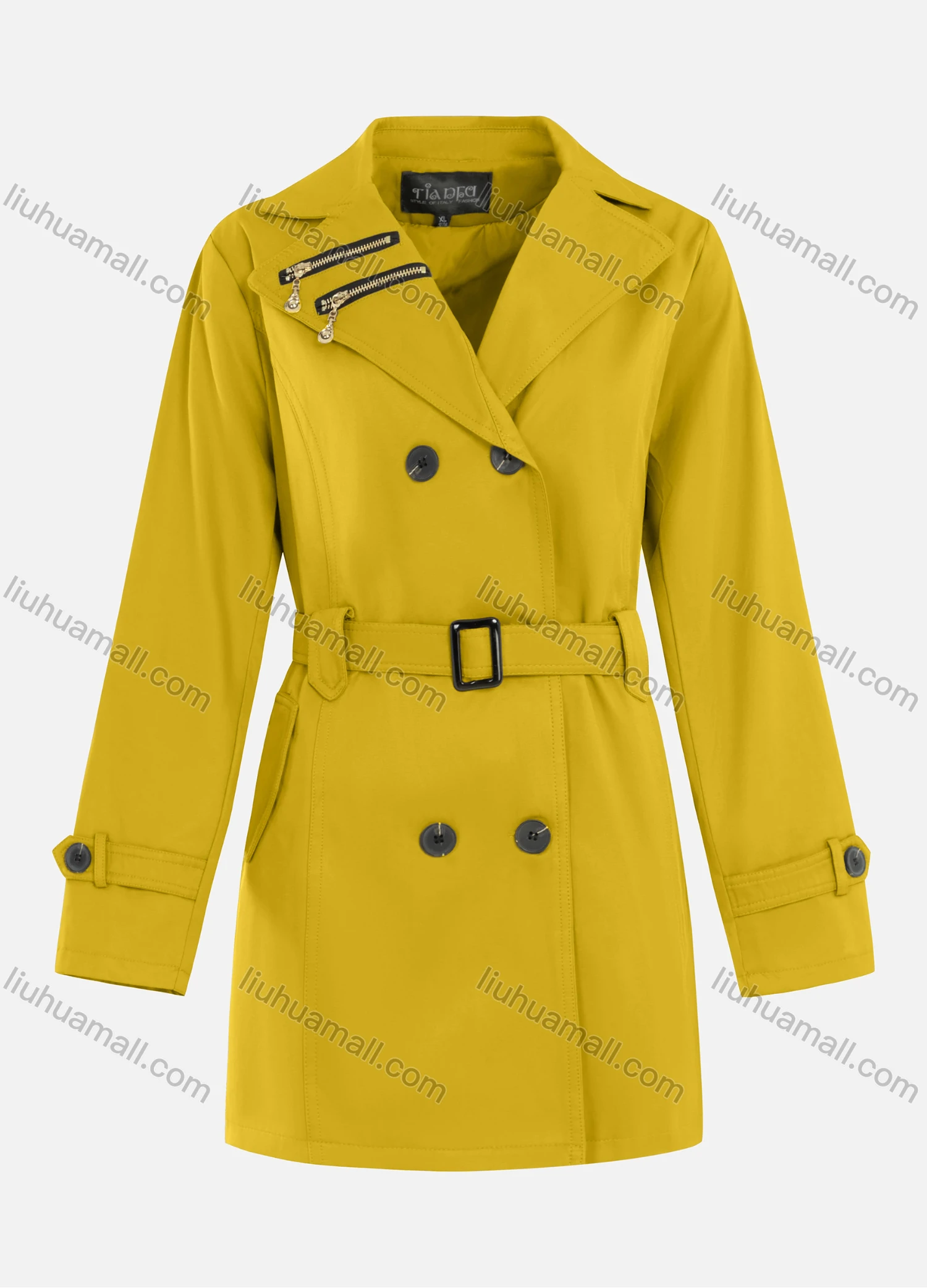 Wholesale Women's Casual Plain Zipper Lapel Double Breasted Long Sleeve Trench Coat With Belt - Liuhuamall