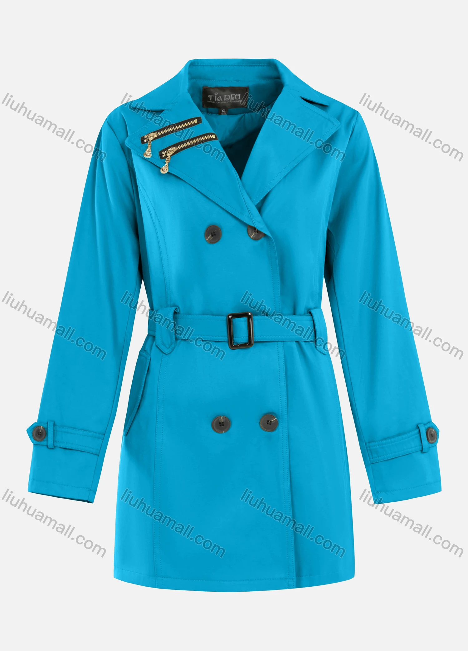 Wholesale Women's Casual Plain Zipper Lapel Double Breasted Long Sleeve Trench Coat With Belt - Liuhuamall