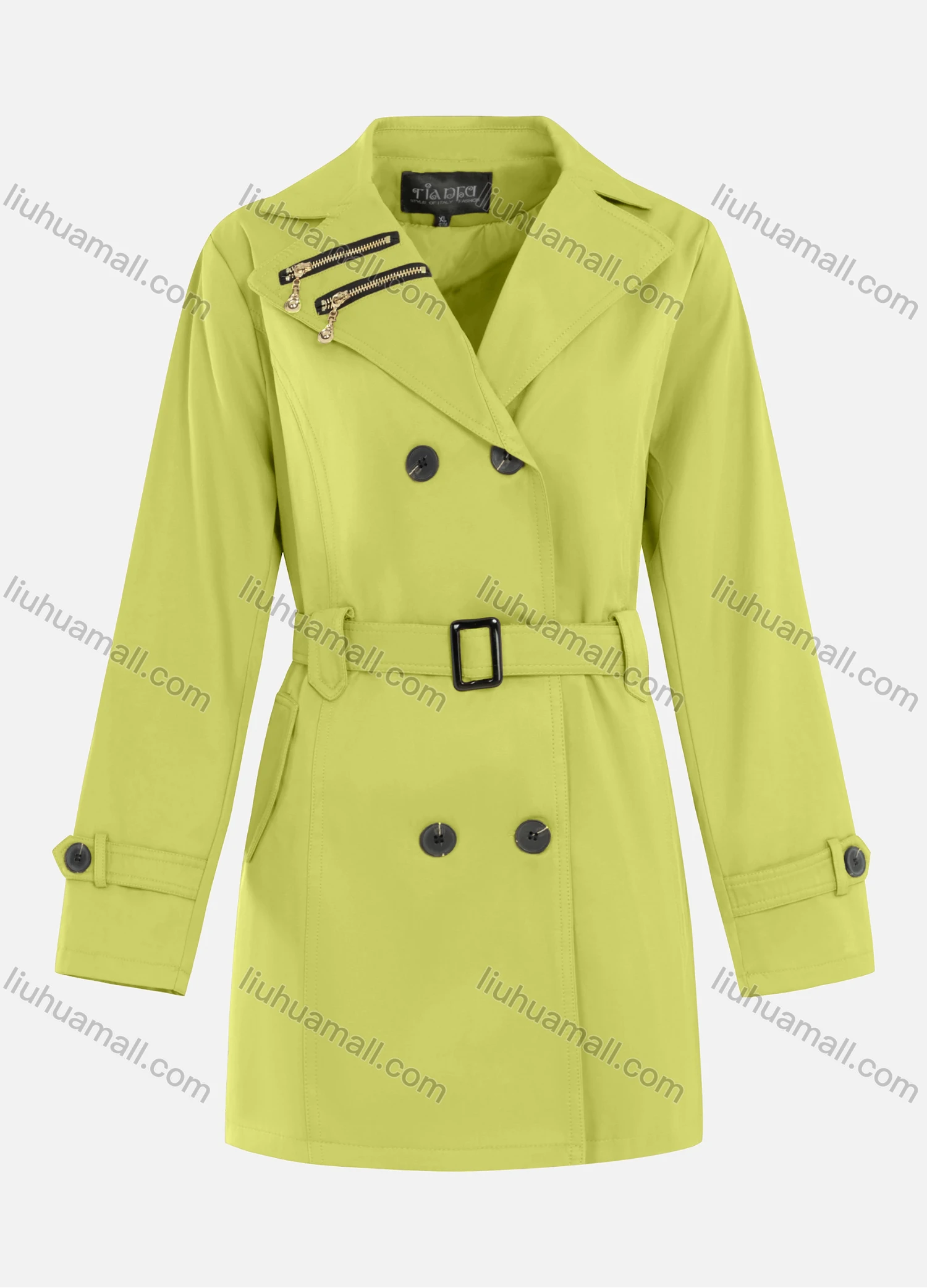 Wholesale Women's Casual Plain Zipper Lapel Double Breasted Long Sleeve Trench Coat With Belt - Liuhuamall