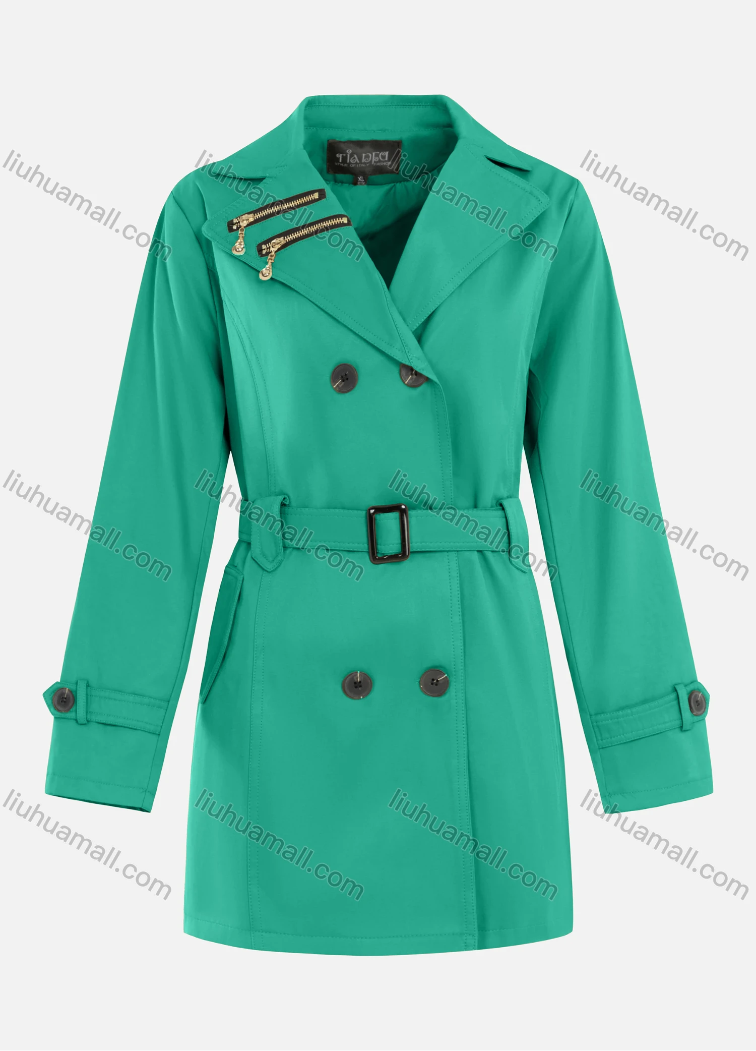 Wholesale Women's Casual Plain Zipper Lapel Double Breasted Long Sleeve Trench Coat With Belt - Liuhuamall