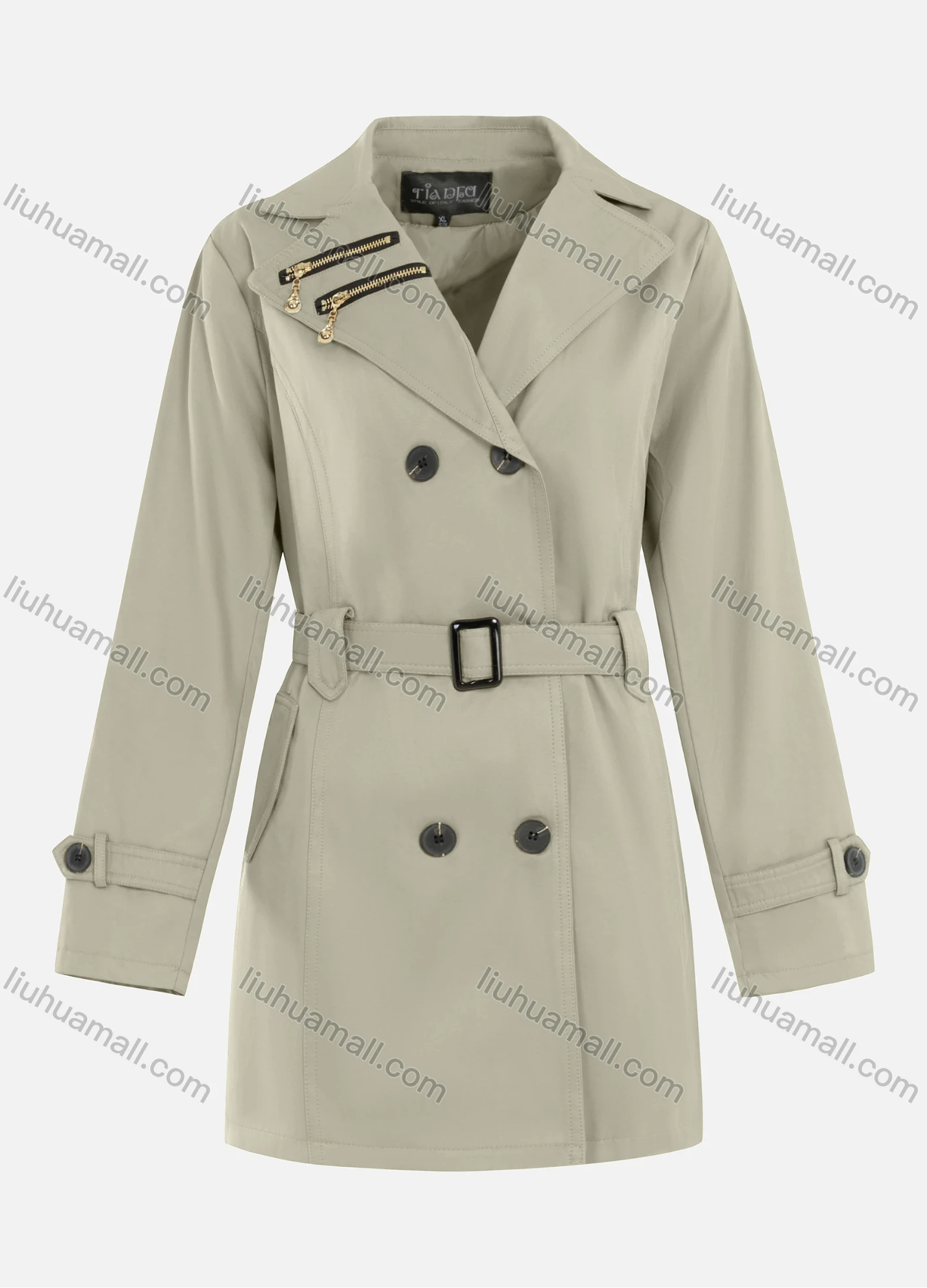Wholesale Women's Casual Plain Zipper Lapel Double Breasted Long Sleeve Trench Coat With Belt - Liuhuamall