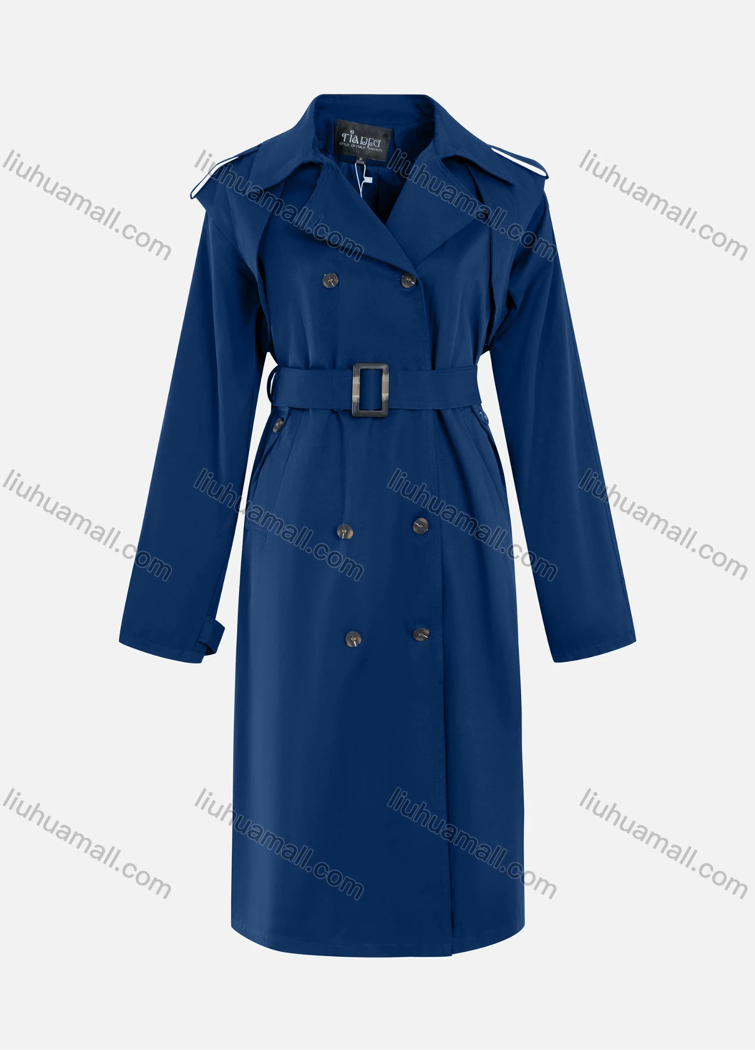 Wholesale Women's Casual Plain Lapel Double Breasted Long Sleeve Long Trench Coat With Belt - Liuhuamall